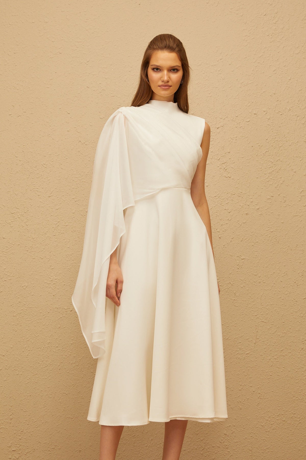 Léopoldine White Asymmetrical Shawl Midi Dress