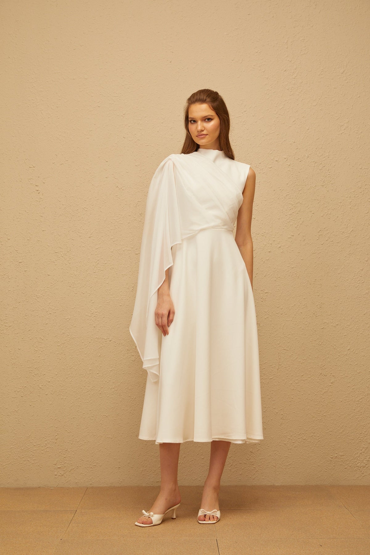 Léopoldine White Asymmetrical Shawl Midi Dress