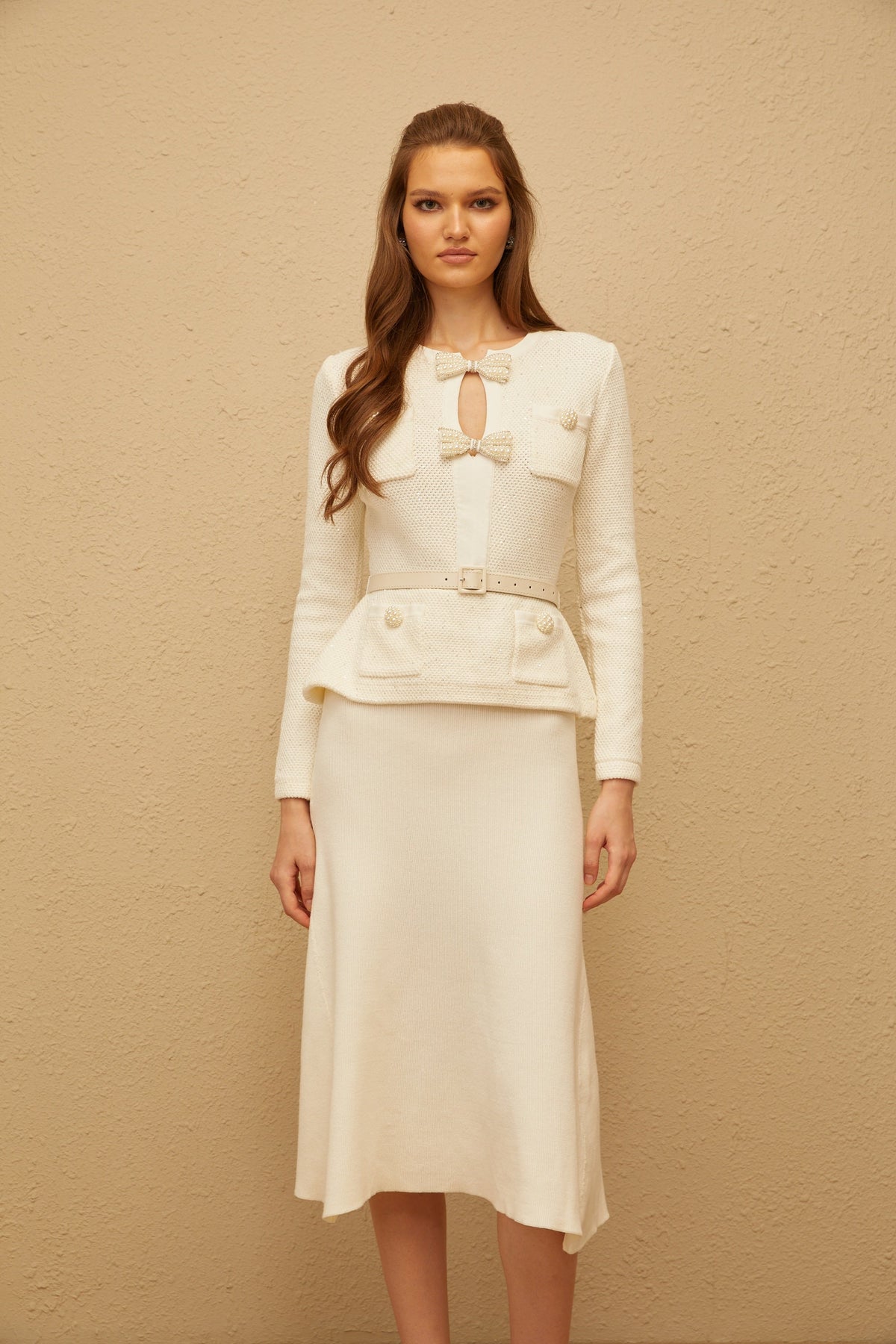 Adélade White Embellished Knit Midi Dress