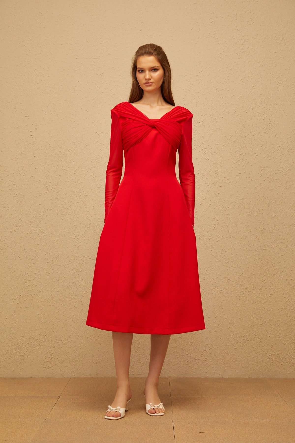 Colette Red Twisted Mesh Panel Midi Dress