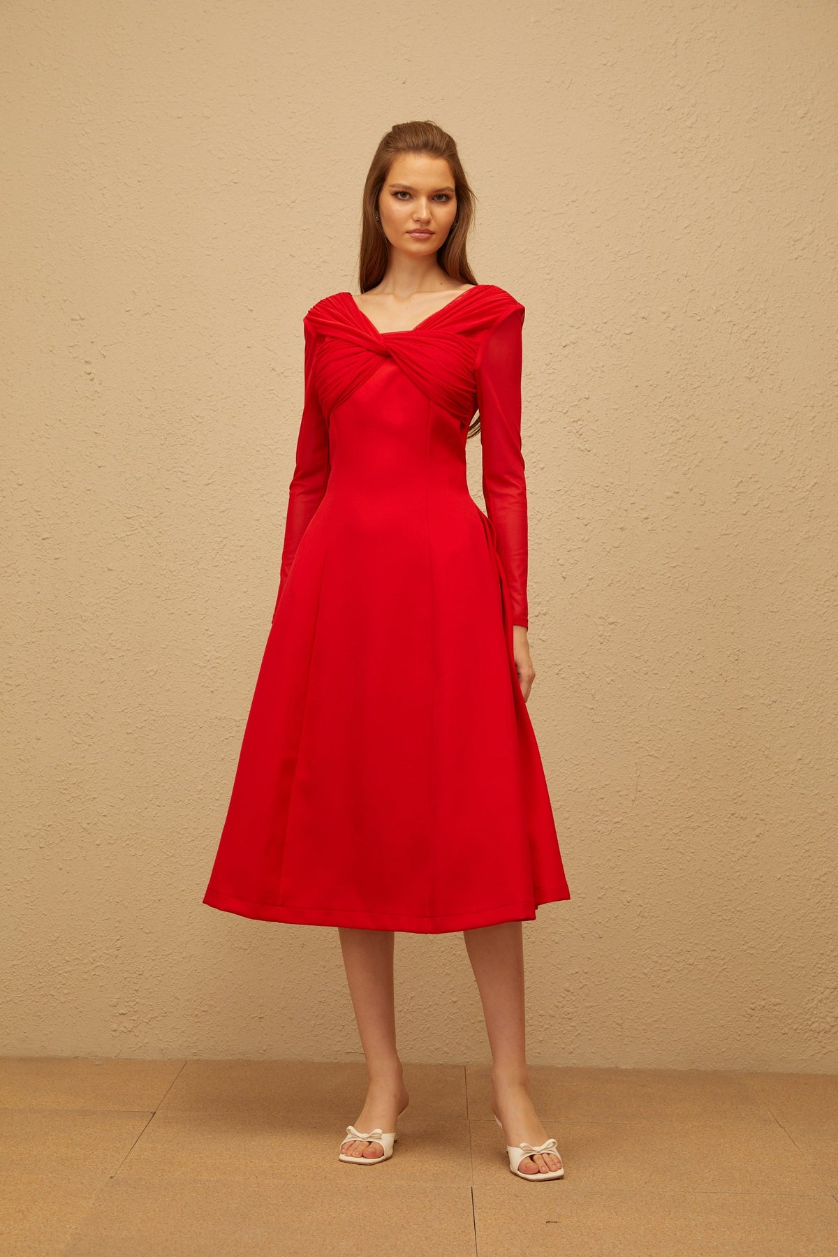 Colette Red Twisted Mesh Panel Midi Dress