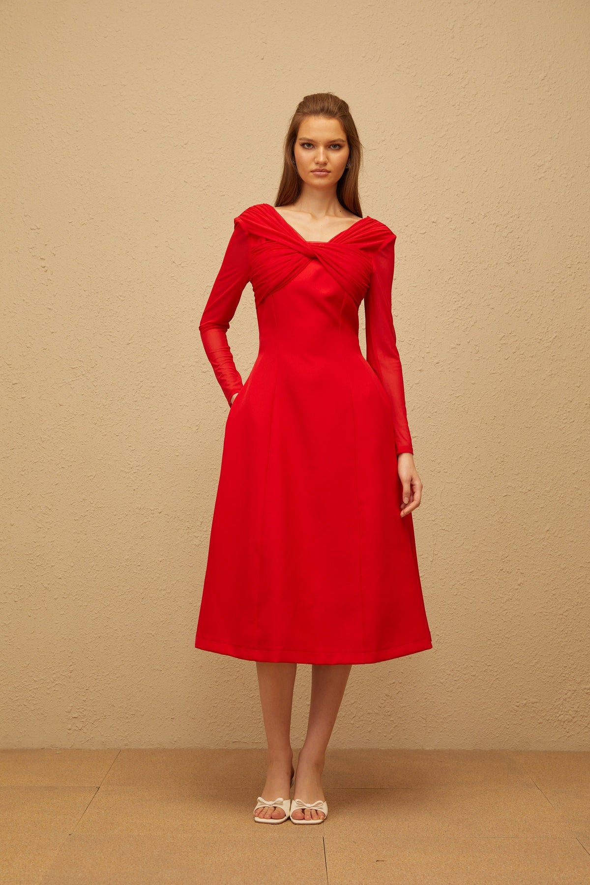Colette Red Twisted Mesh Panel Midi Dress