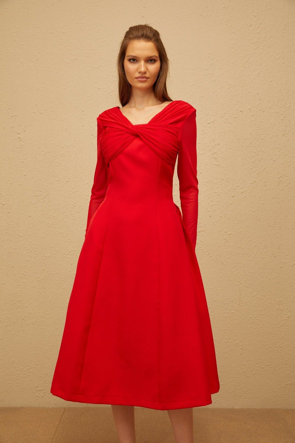 Colette Red Twisted Mesh Panel Midi Dress