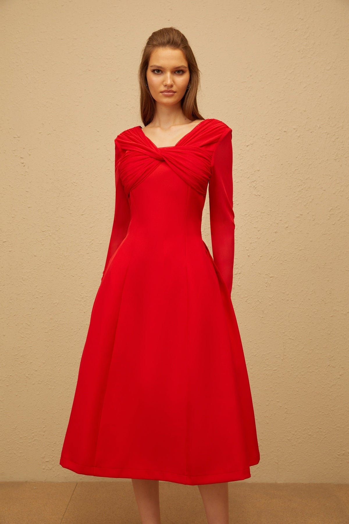 Colette Red Twisted Mesh Panel Midi Dress