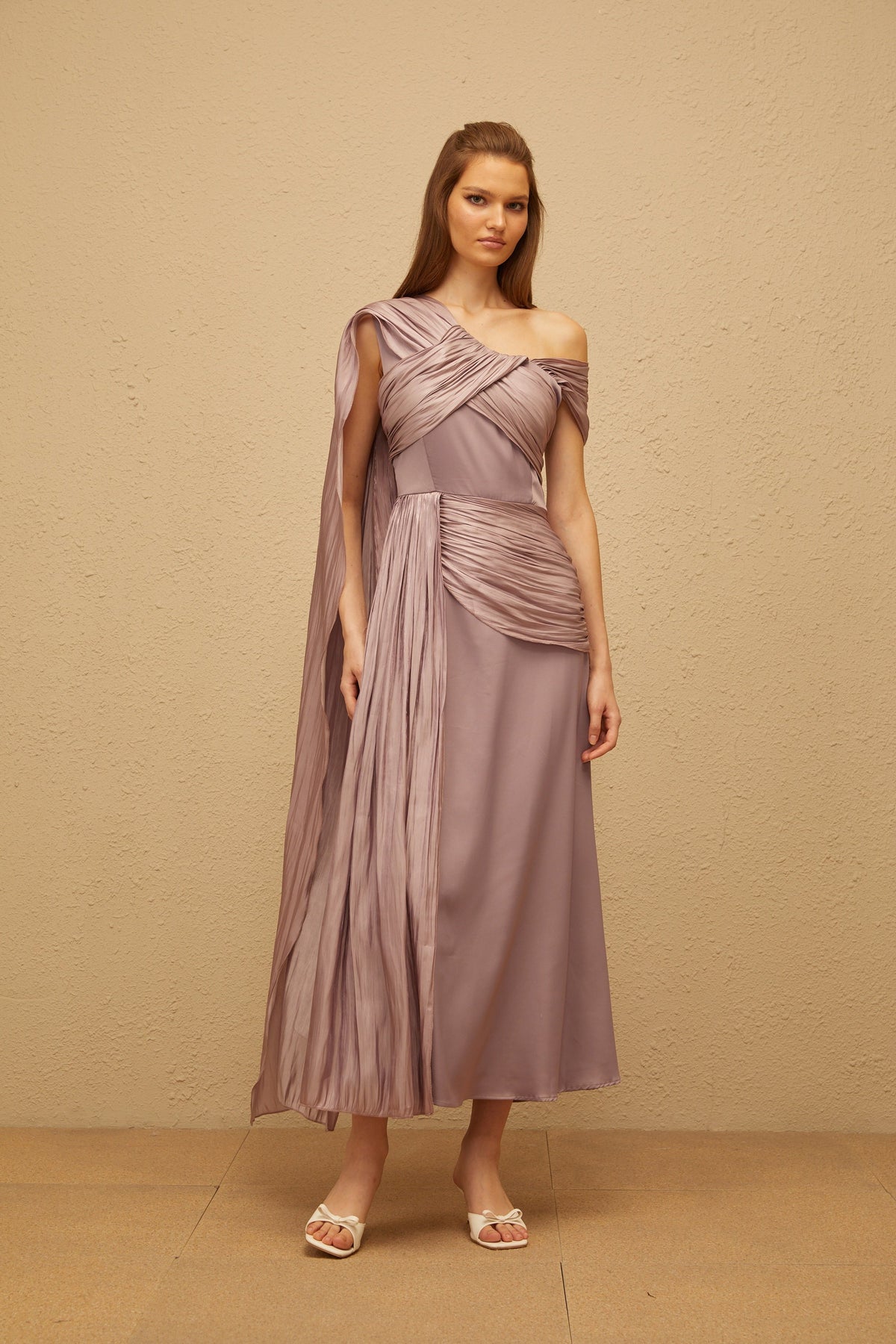 Judith Purple Ruched Glossy Ribbon Maxi Dress (Final Sale)