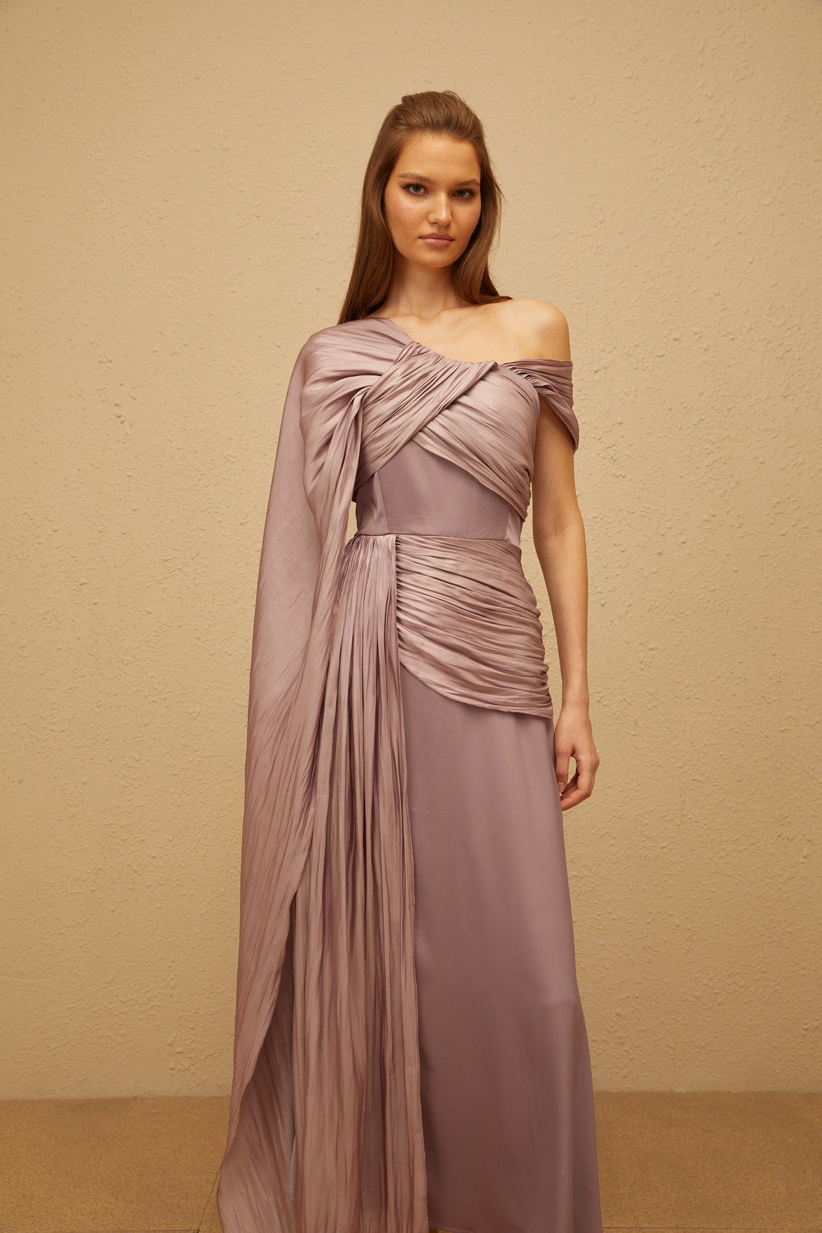 Judith Purple Ruched Glossy Ribbon Maxi Dress (Final Sale)