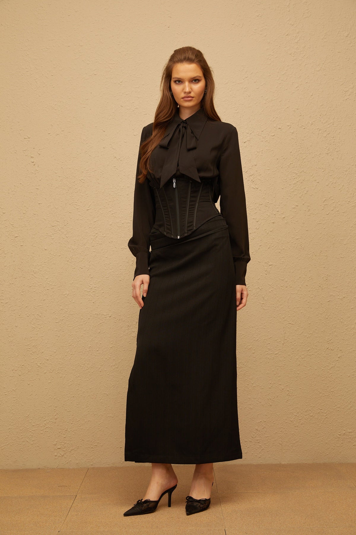 Aimée Black Corset Panel Chiffon Shirt
