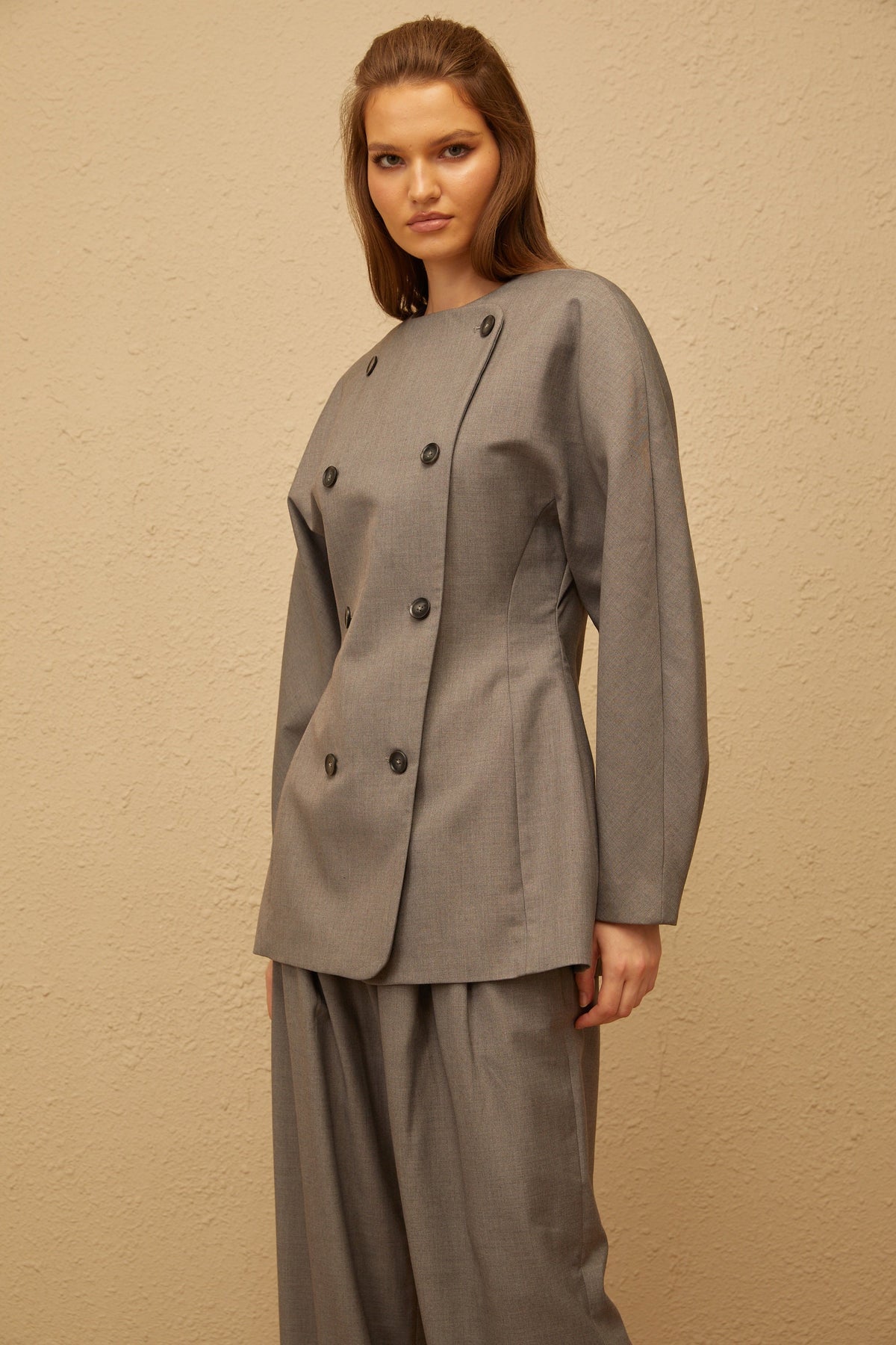 Clémence Grey Double-Breasted Coat & Trousers Set