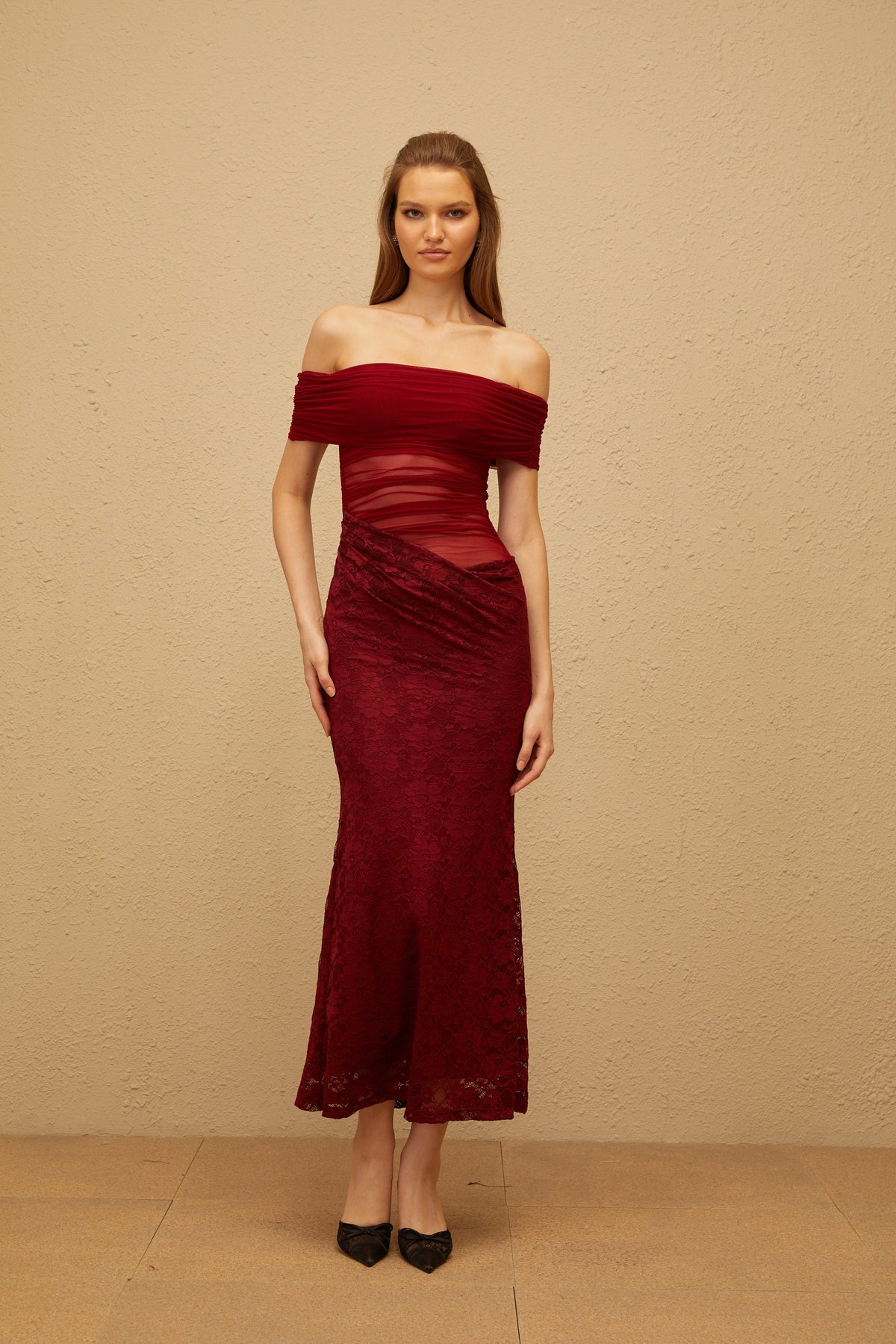 Dianthe Red Lace Panel Mesh Midi Dress