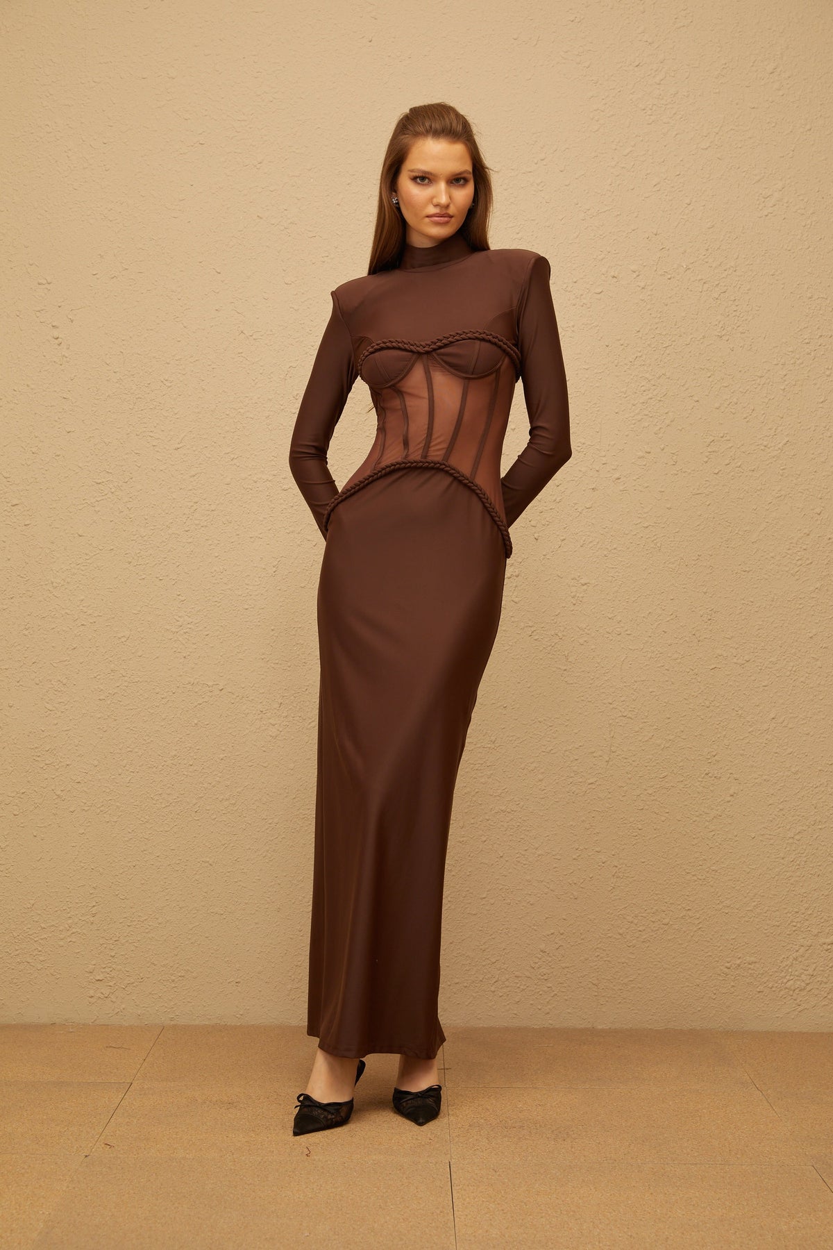 Amaryllis Brown Mesh Panel Corset Maxi Dress