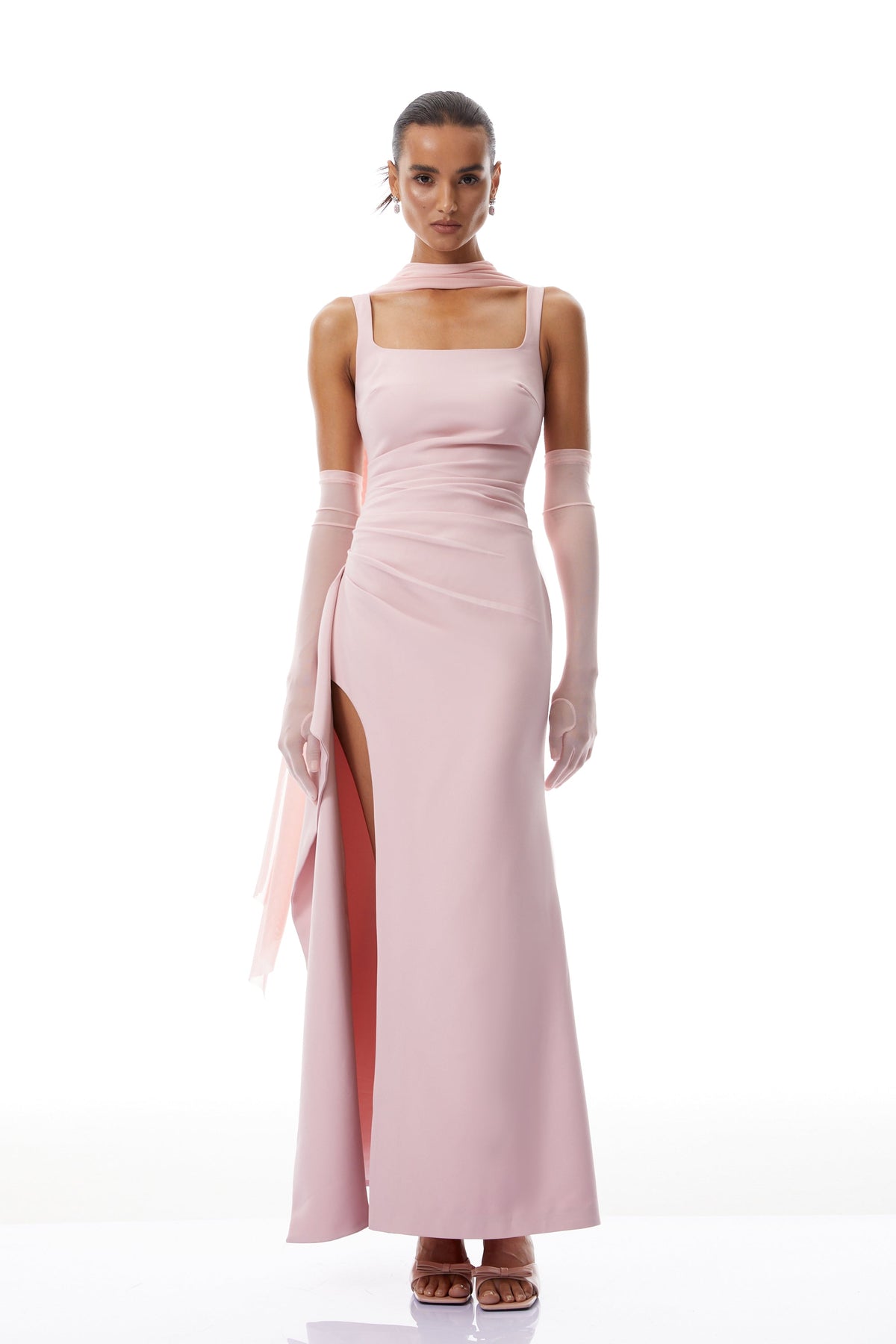 Ophélie Pink Scarf Detail Gathered Maxi Dress