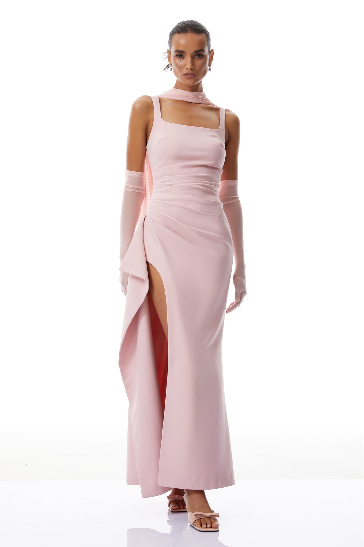 Ophélie Pink Scarf Detail Gathered Maxi Dress