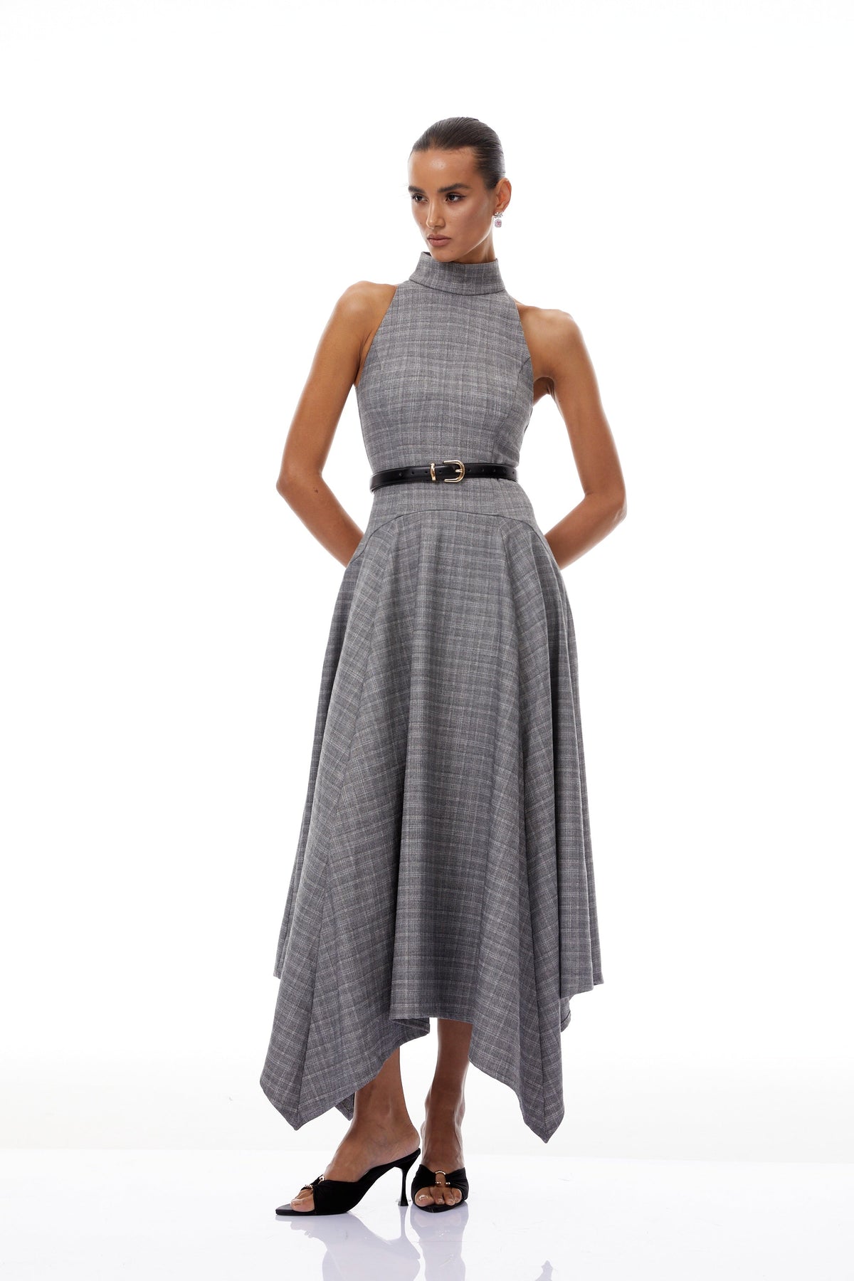 Wilhemine Grey Checked Tweed Midi Dress (Without Belt) (Final Sale)