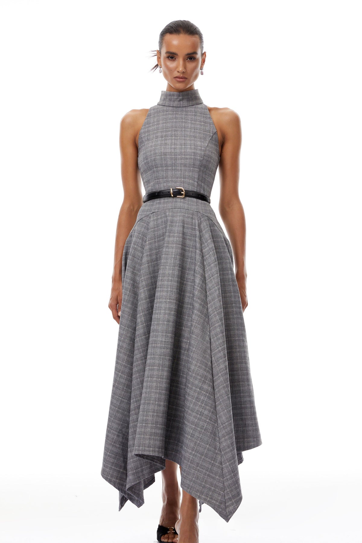 Wilhemine Grey Checked Tweed Midi Dress (Without Belt) (Final Sale-US Only)
