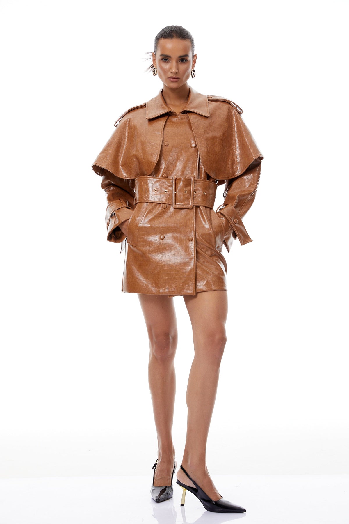 Lisette Caramel Textured Leather Trench Coat (Final Sale)