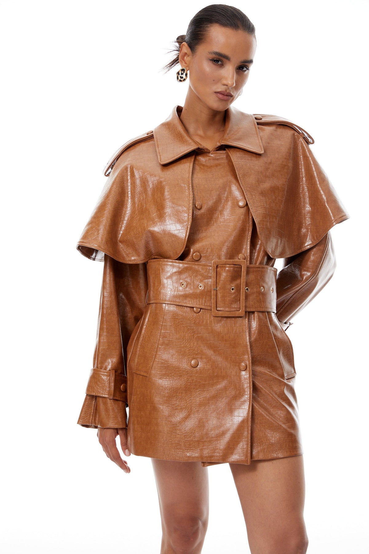 Lisette Caramel Textured Leather Trench Coat - brown