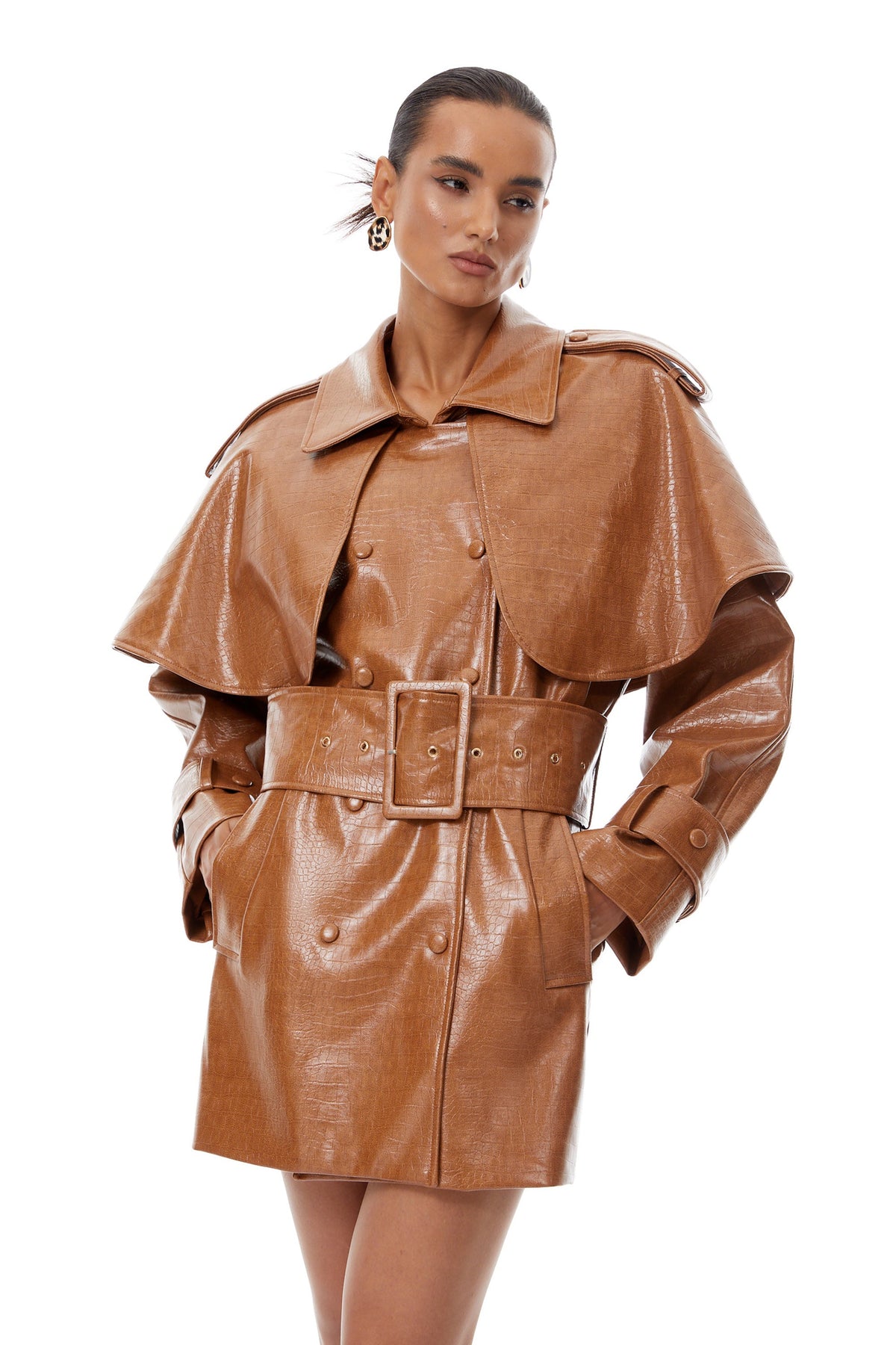 Lisette Caramel Textured Leather Trench Coat - brown