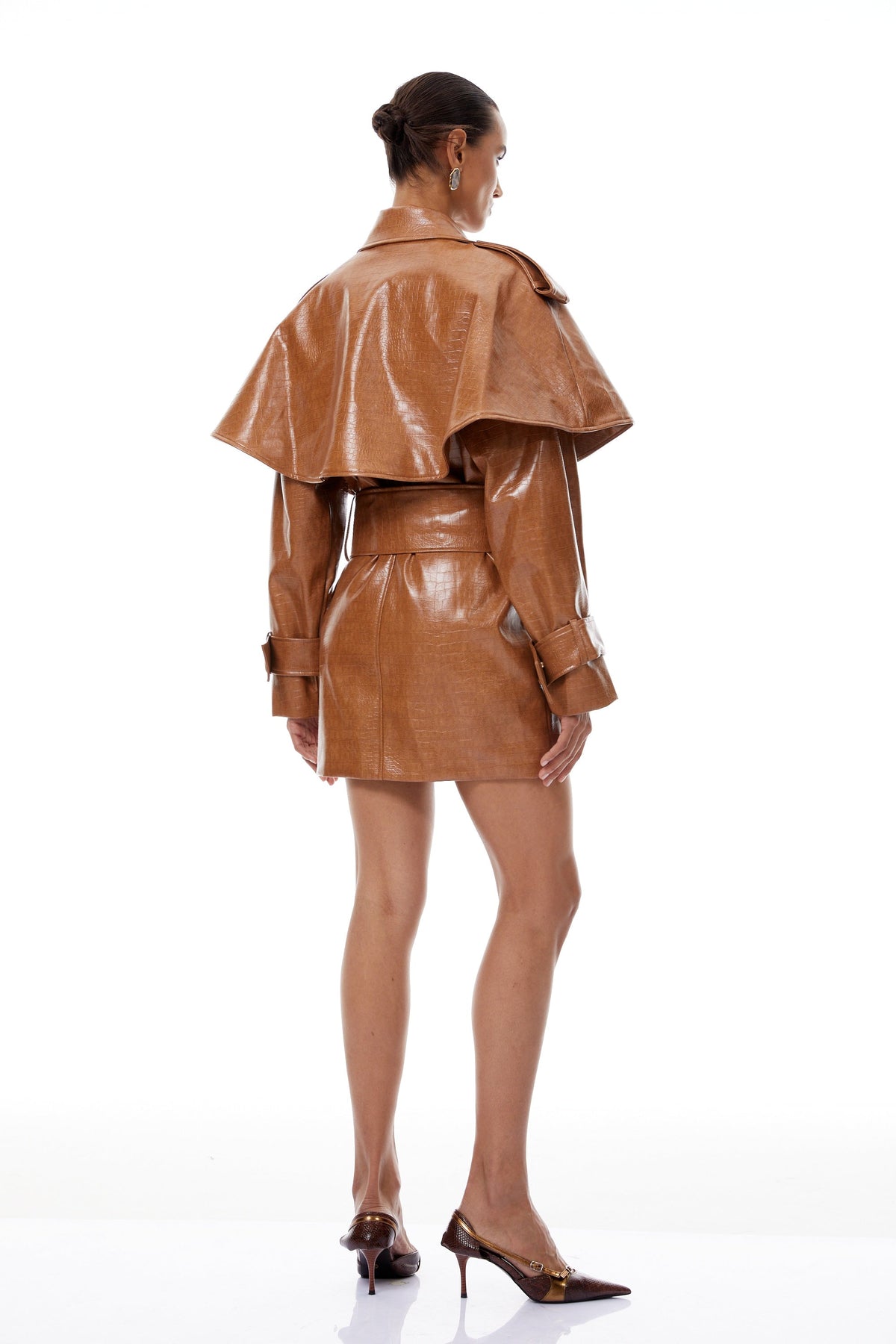 Lisette Caramel Textured Leather Trench Coat - Light brown