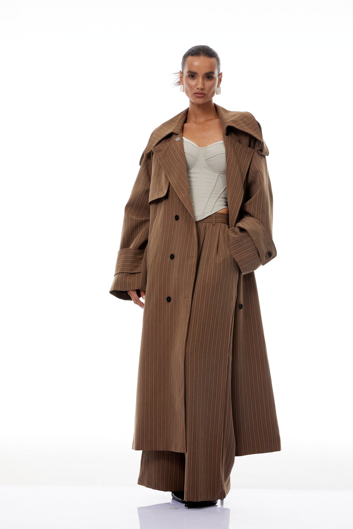 Clémence Brown Striped Trench Coat & Trousers Set - brown