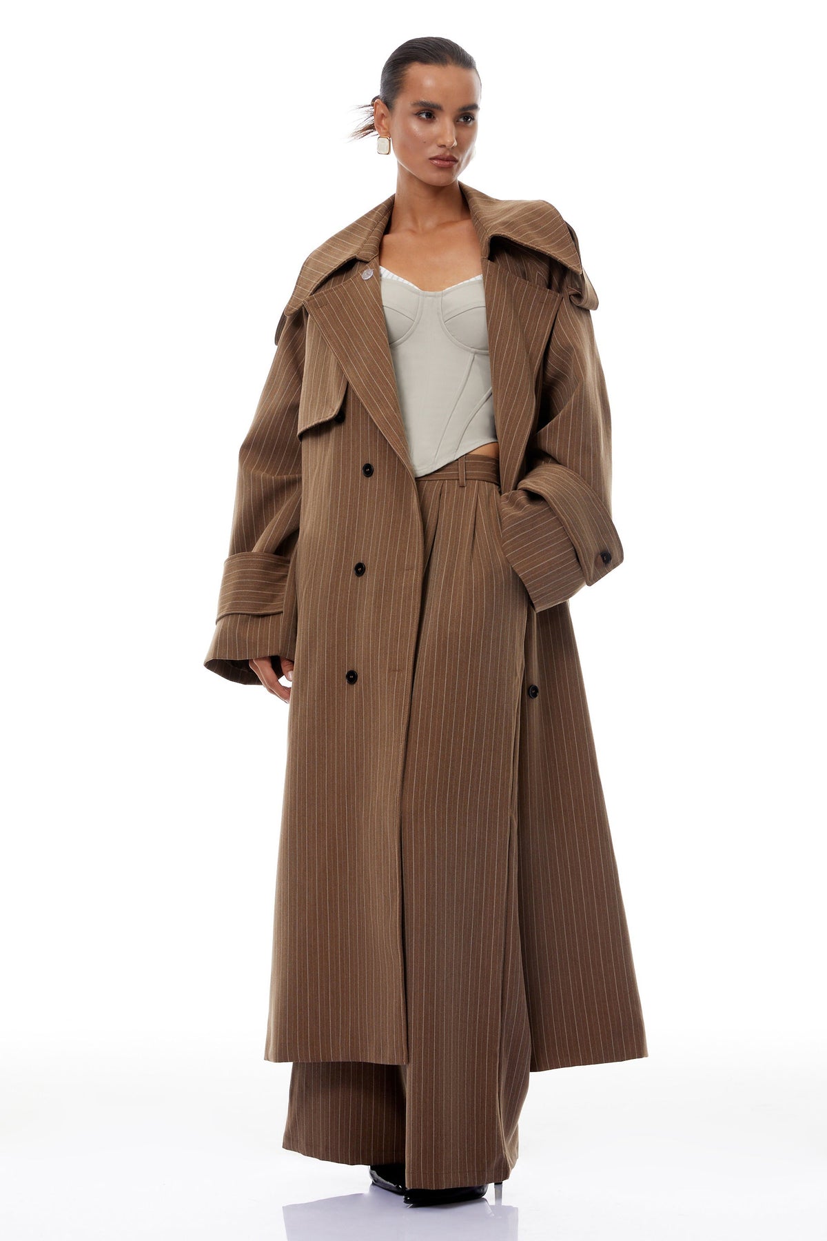 Clémence Brown Striped Trench Coat & Trousers Set - brown