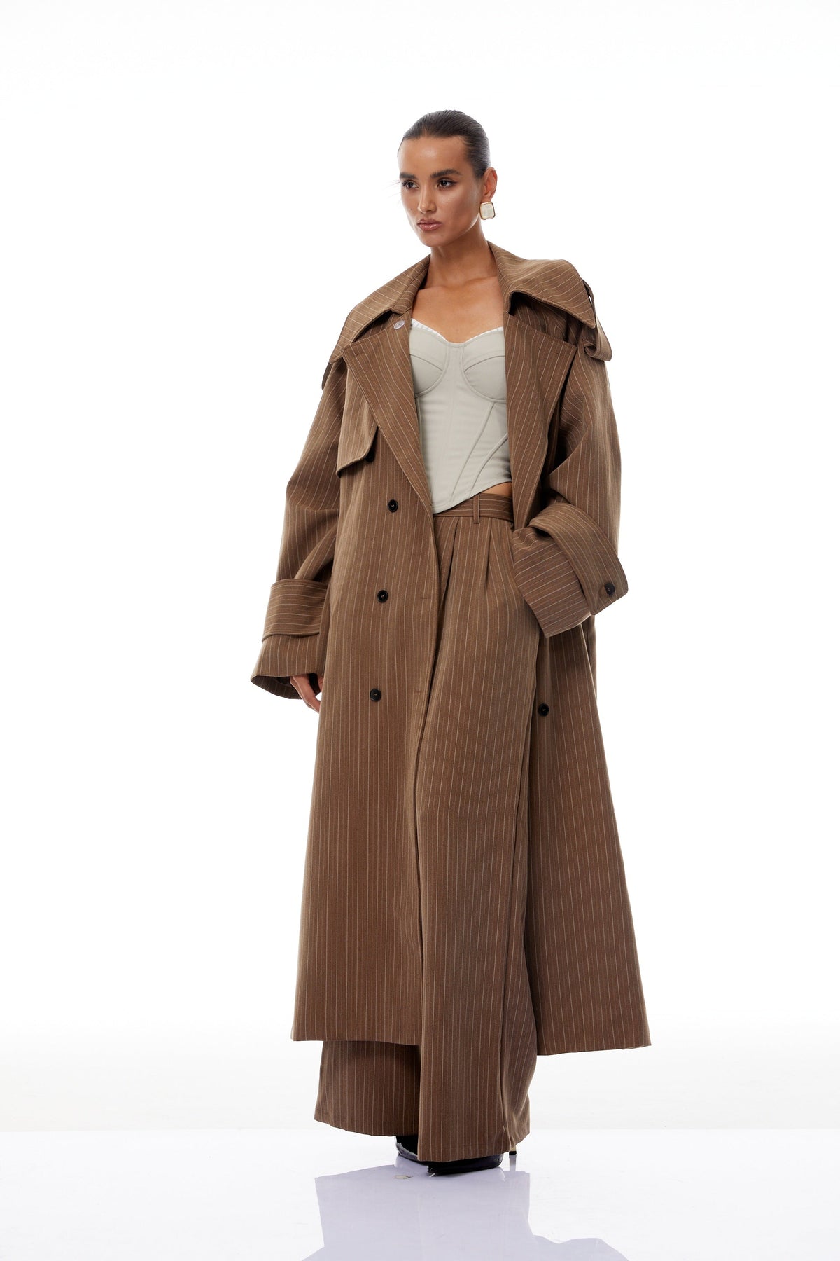 Clémence Brown Striped Trench Coat & Trousers Set - brown