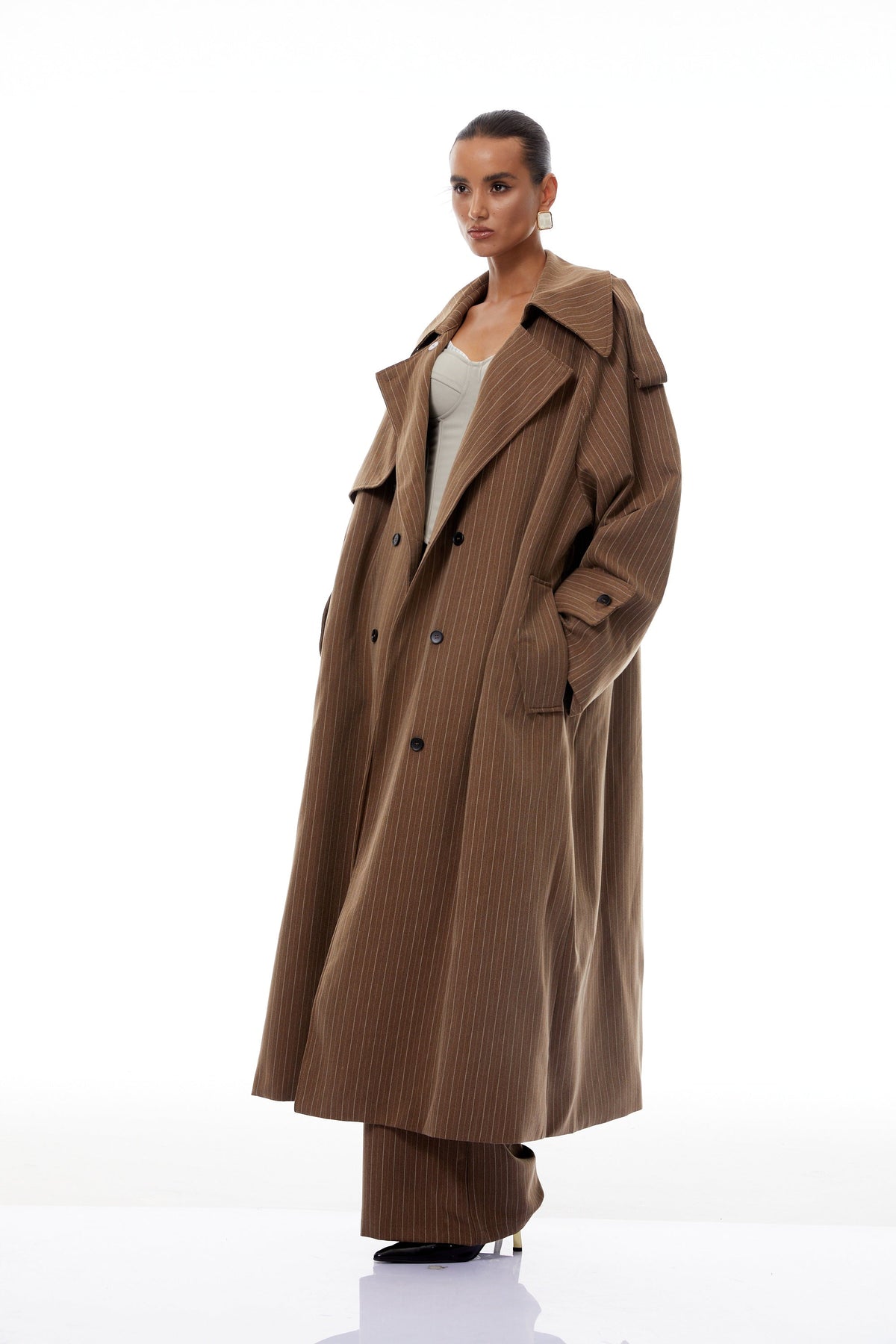 Clémence Brown Striped Trench Coat & Trousers Set