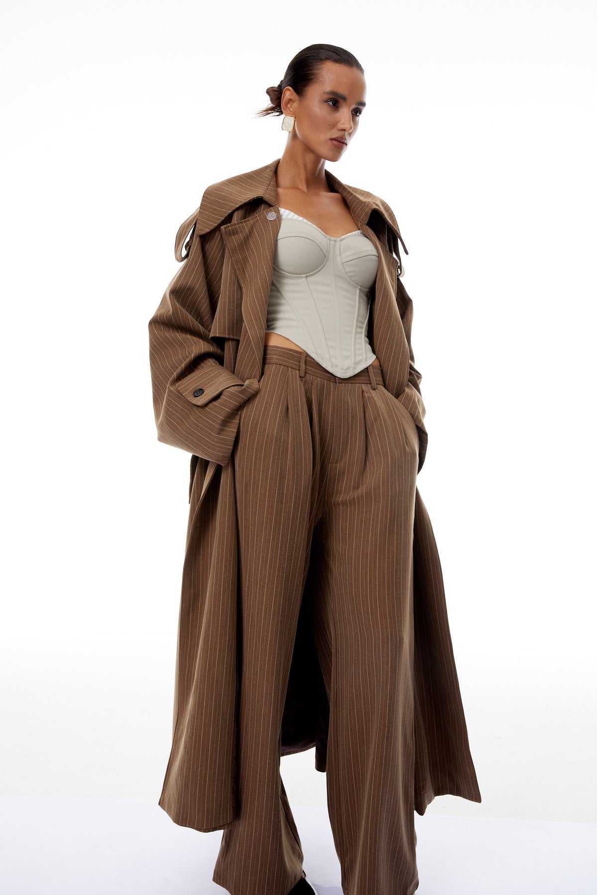 Clémence Brown Striped Trench Coat & Trousers Set - brown
