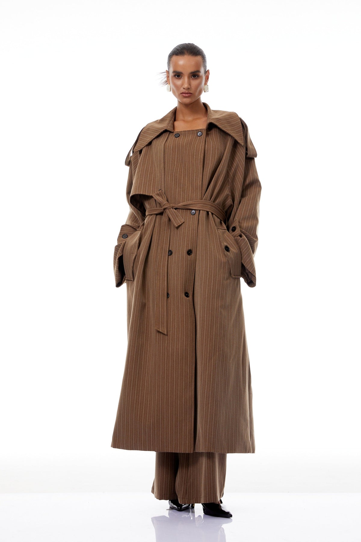 Clémence Brown Striped Trench Coat & Trousers Set - brown