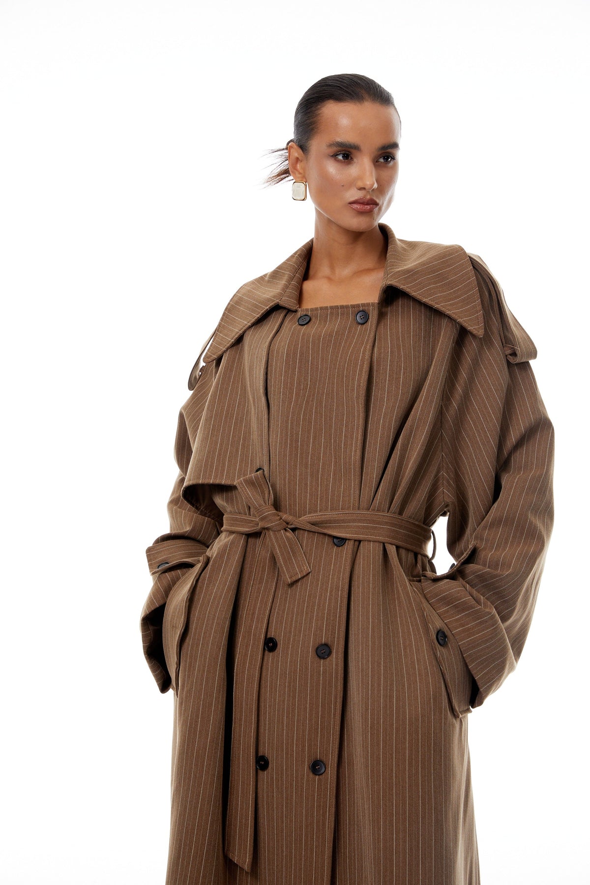Clémence Brown Striped Trench Coat & Trousers Set - brown