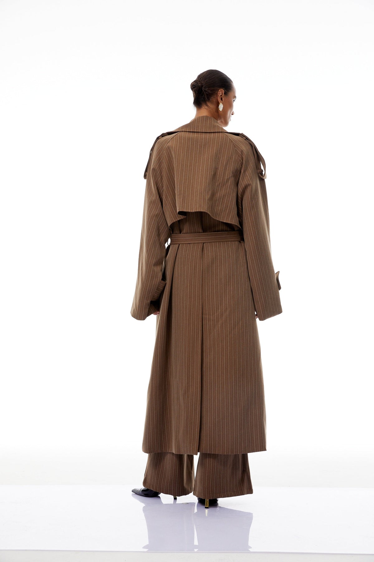 Clémence Brown Striped Trench Coat & Trousers Set