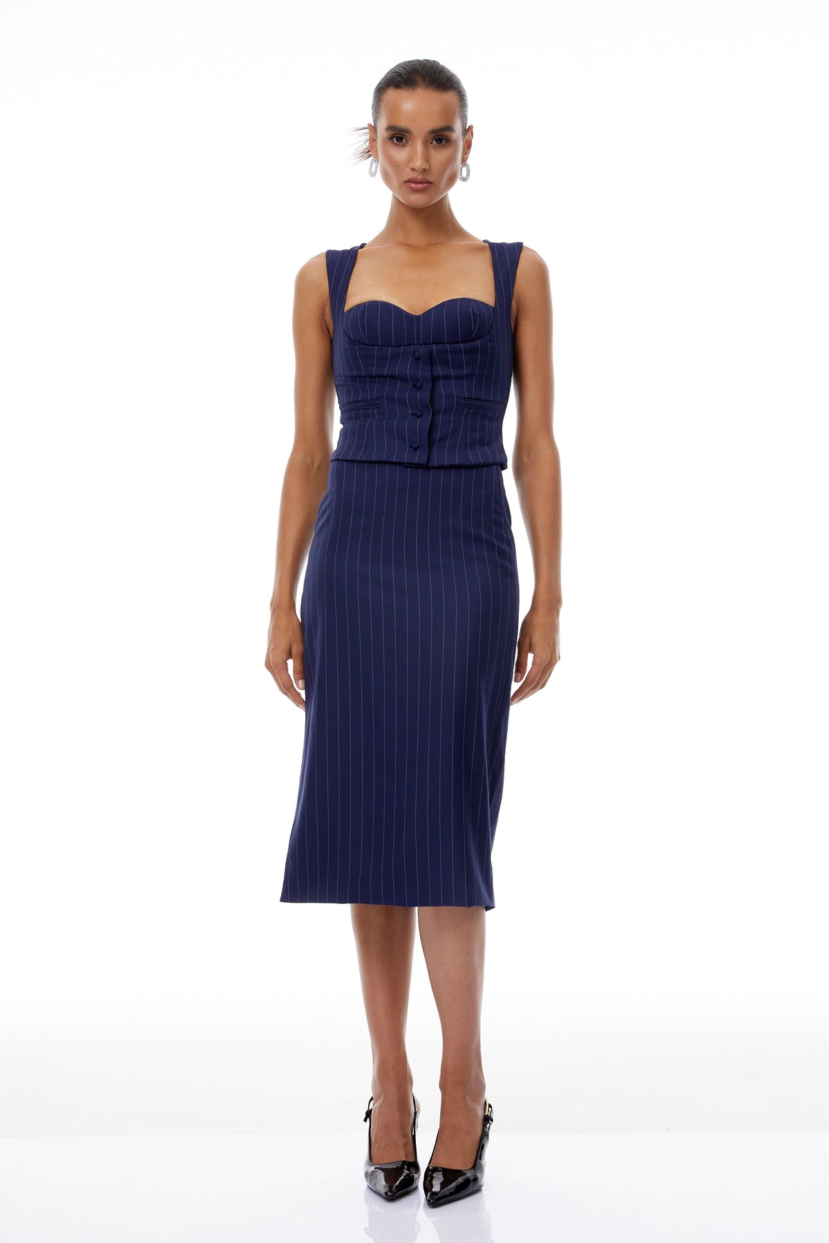 Aurianne Navy Blue Pinstriped Top & Skirt Set