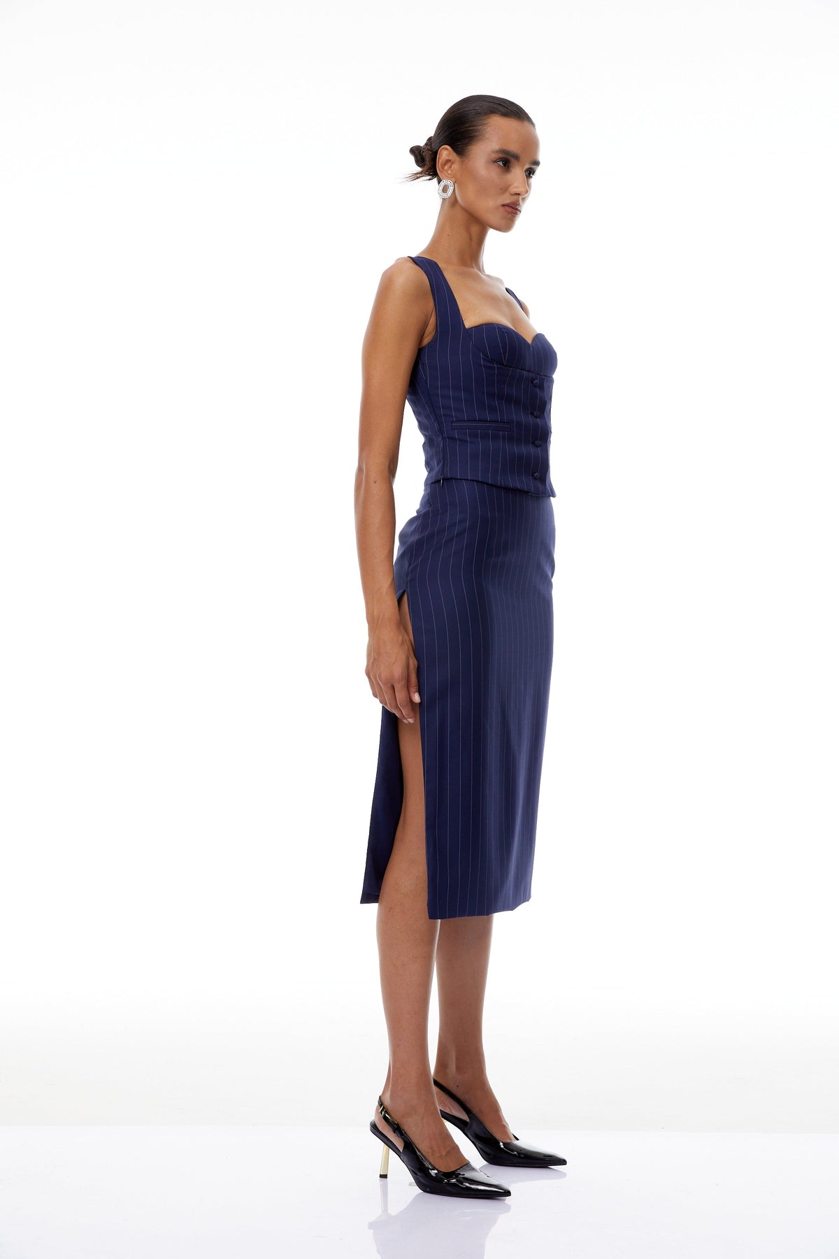 Aurianne Navy Blue Pinstriped Top & Skirt Set