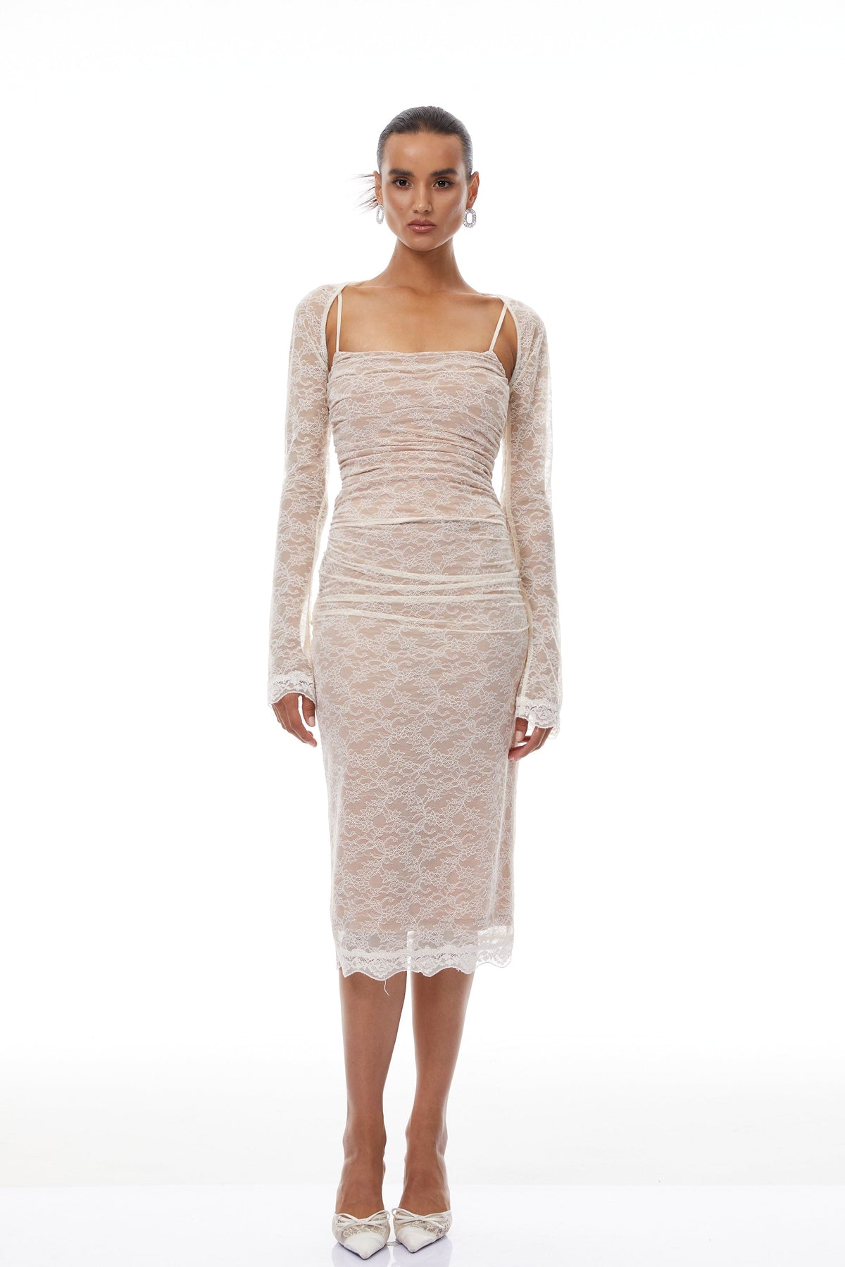 Valérie Neutral Floral Lace Ruched Shawl & Dress Set