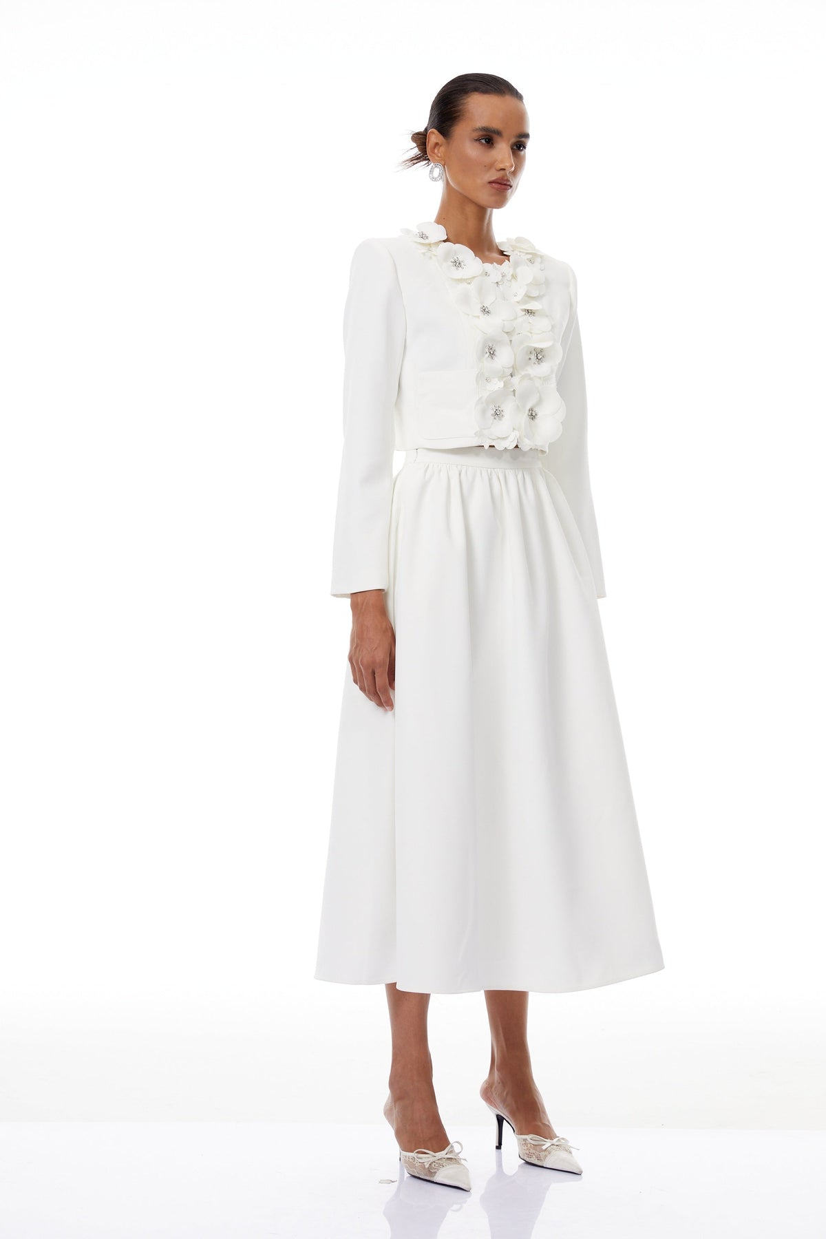 Élodie White Floral Appliqué Jacket & Skirt Set - White