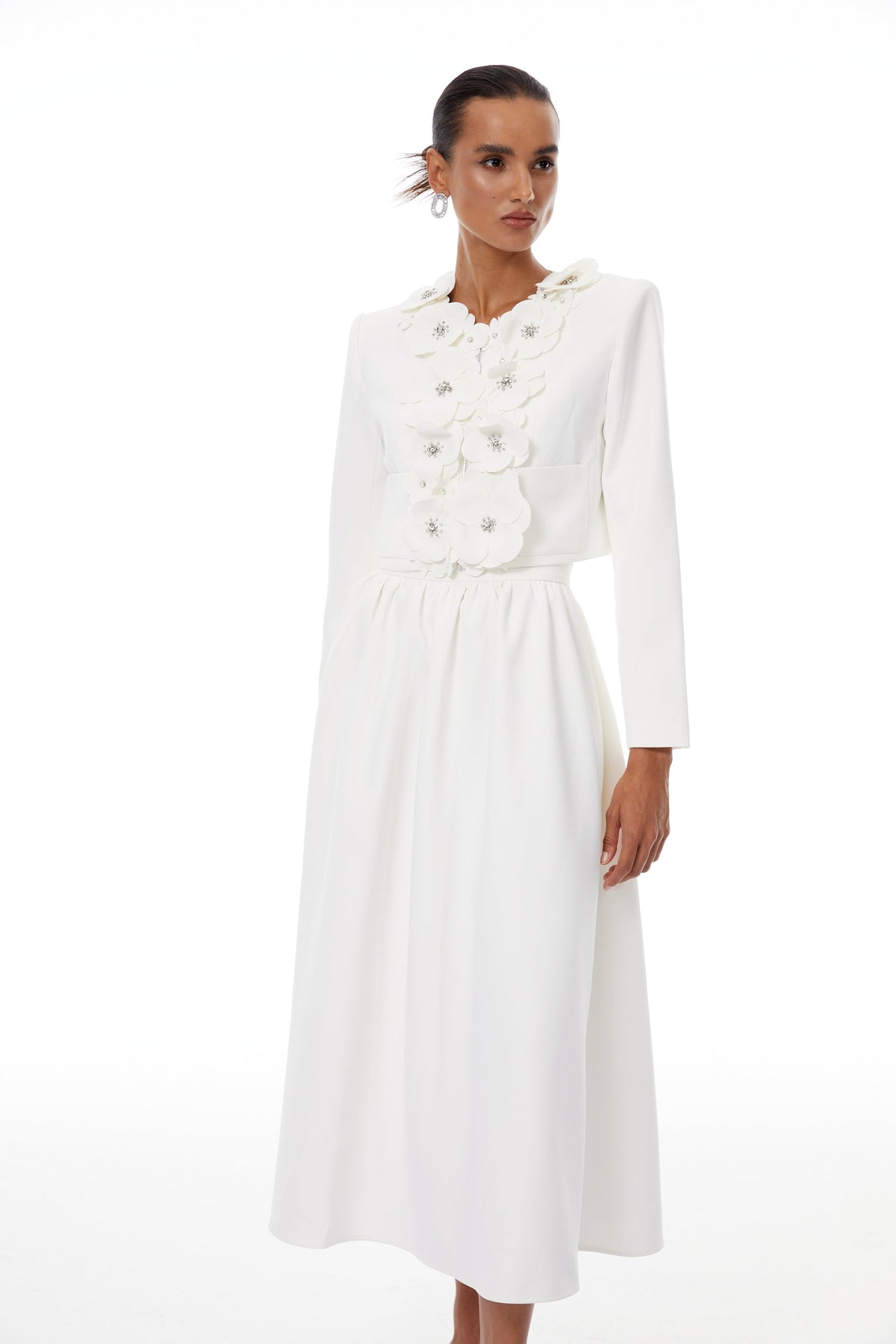Élodie White Floral Appliqué Jacket & Skirt Set