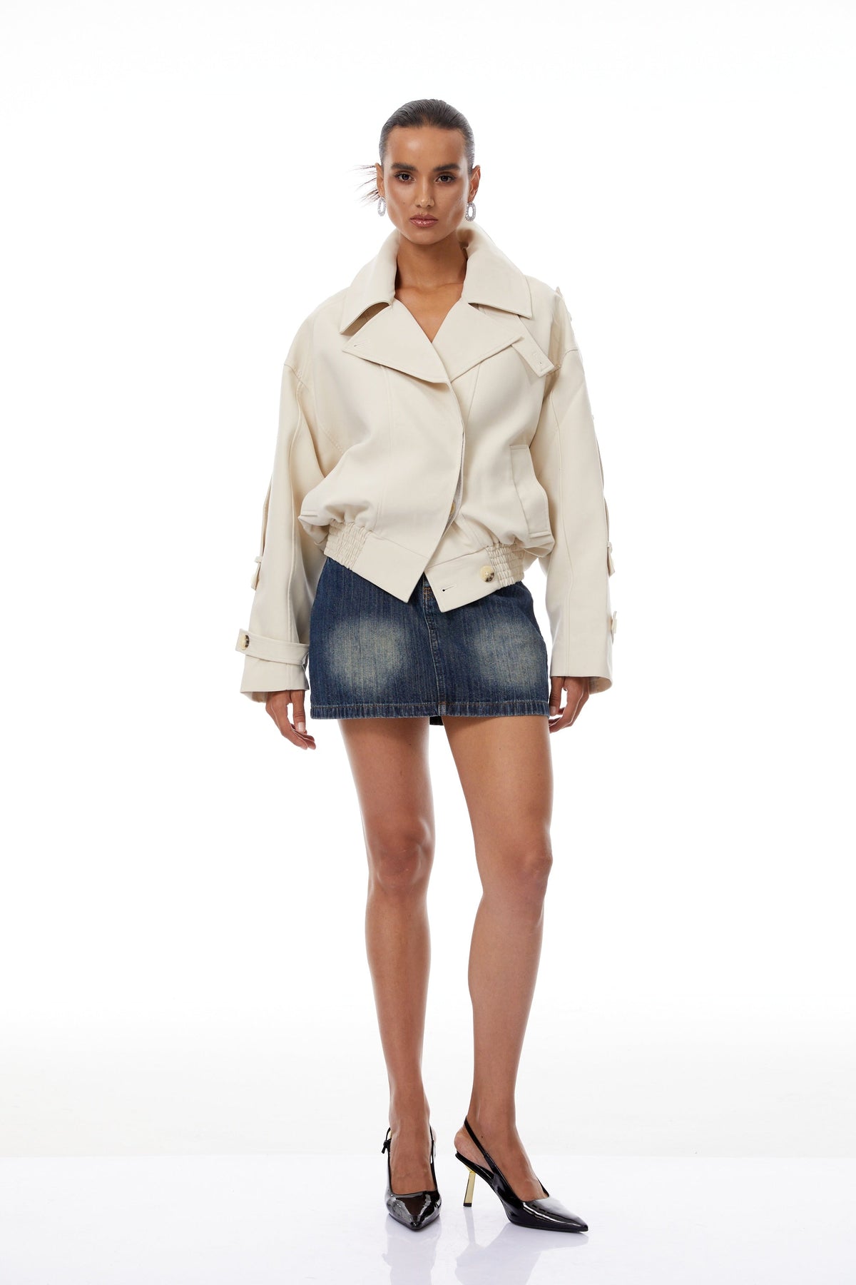 Panna Neutral Smocked Hem Biker Jacket - cream white