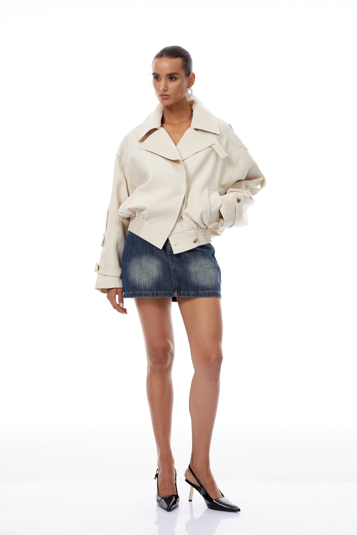 Panna Neutral Smocked Hem Biker Jacket - cream white