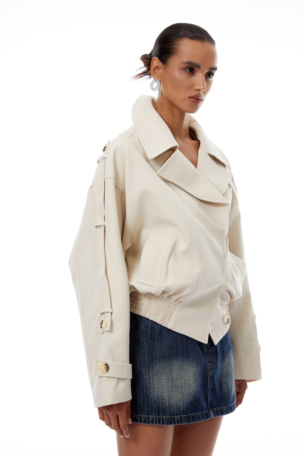 Panna Neutral Smocked Hem Biker Jacket - cream white