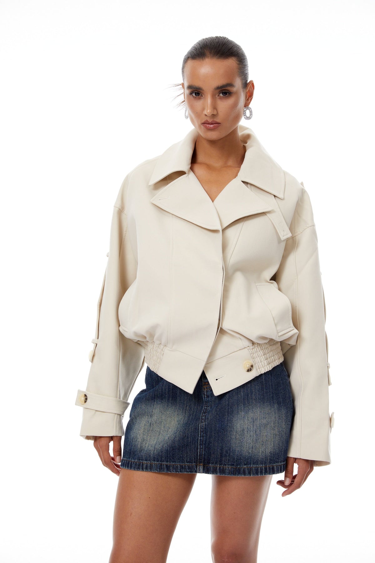 Panna Neutral Smocked Hem Biker Jacket - cream white