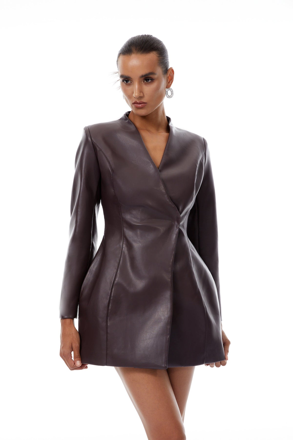 Solange Brown Leather Mini Blazer Dress (Final Sale)