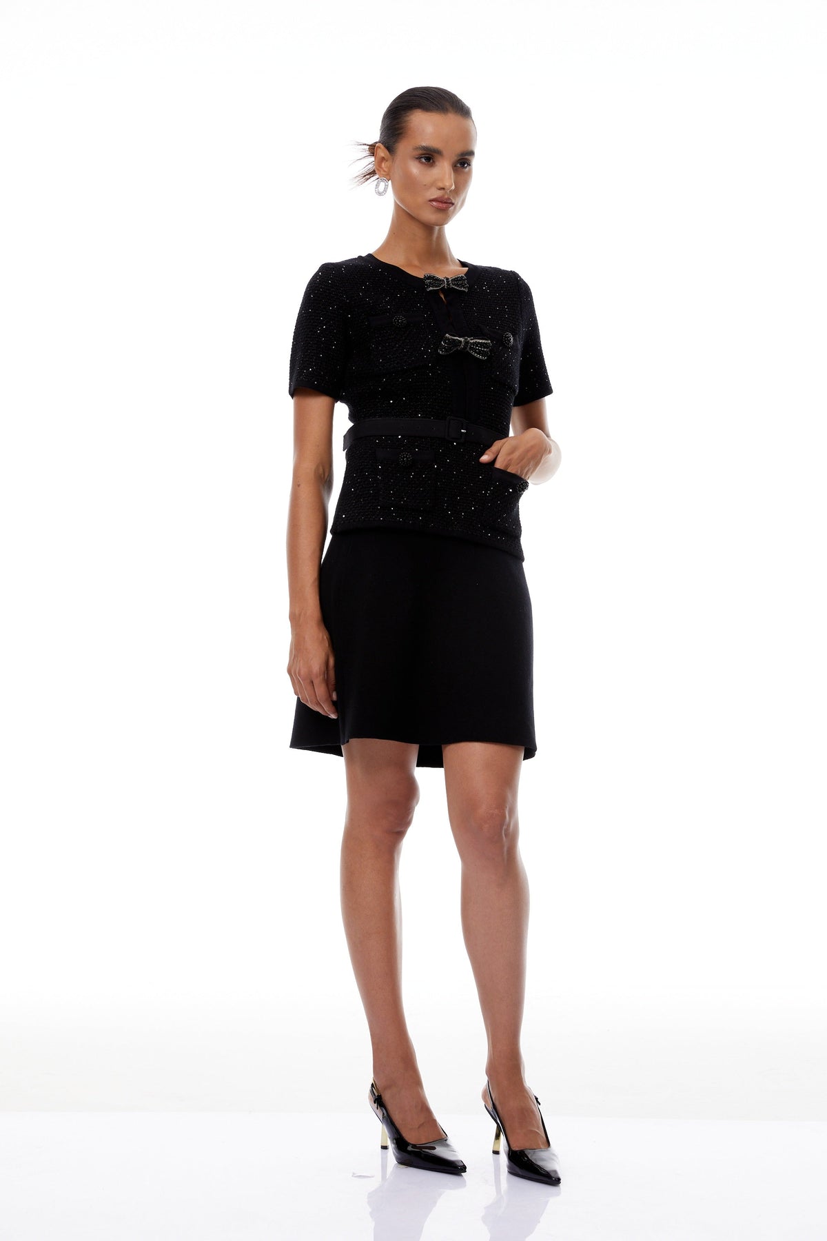 Hélène Black Sequined Knit Top & Skirt Set