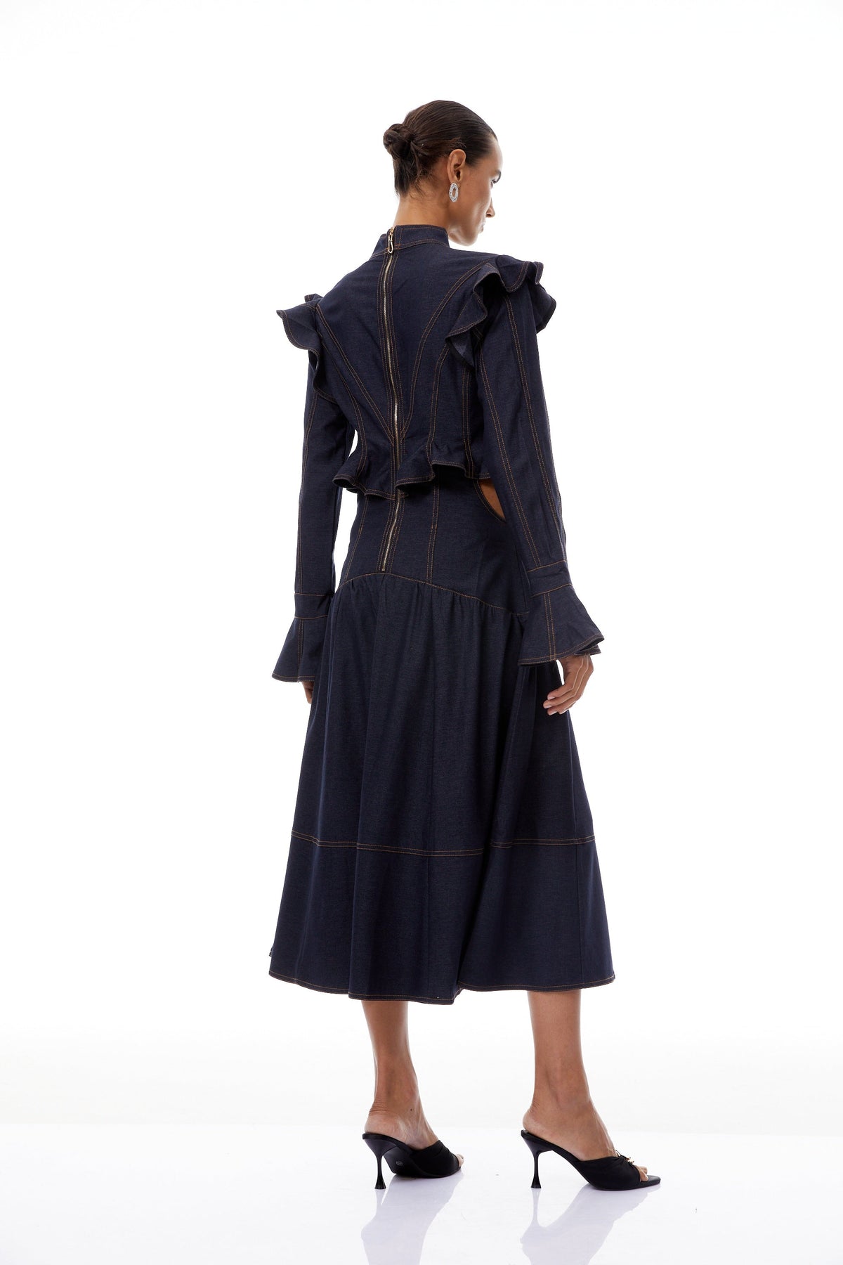 Wilhelmine Indigo Blue Ruffled Denim Midi Dress