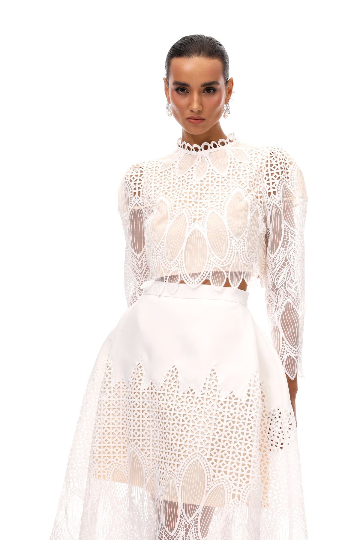 Anett White Corded Lace Blouse & Skirt Set