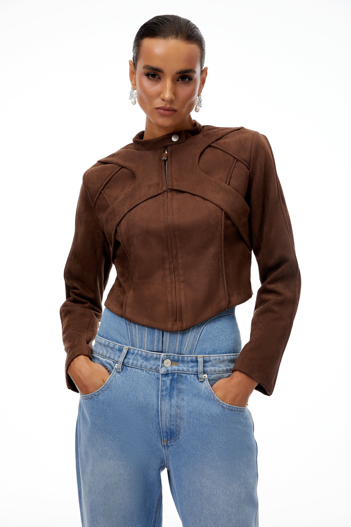 Honorine Brown Suede Crop Biker Jacket