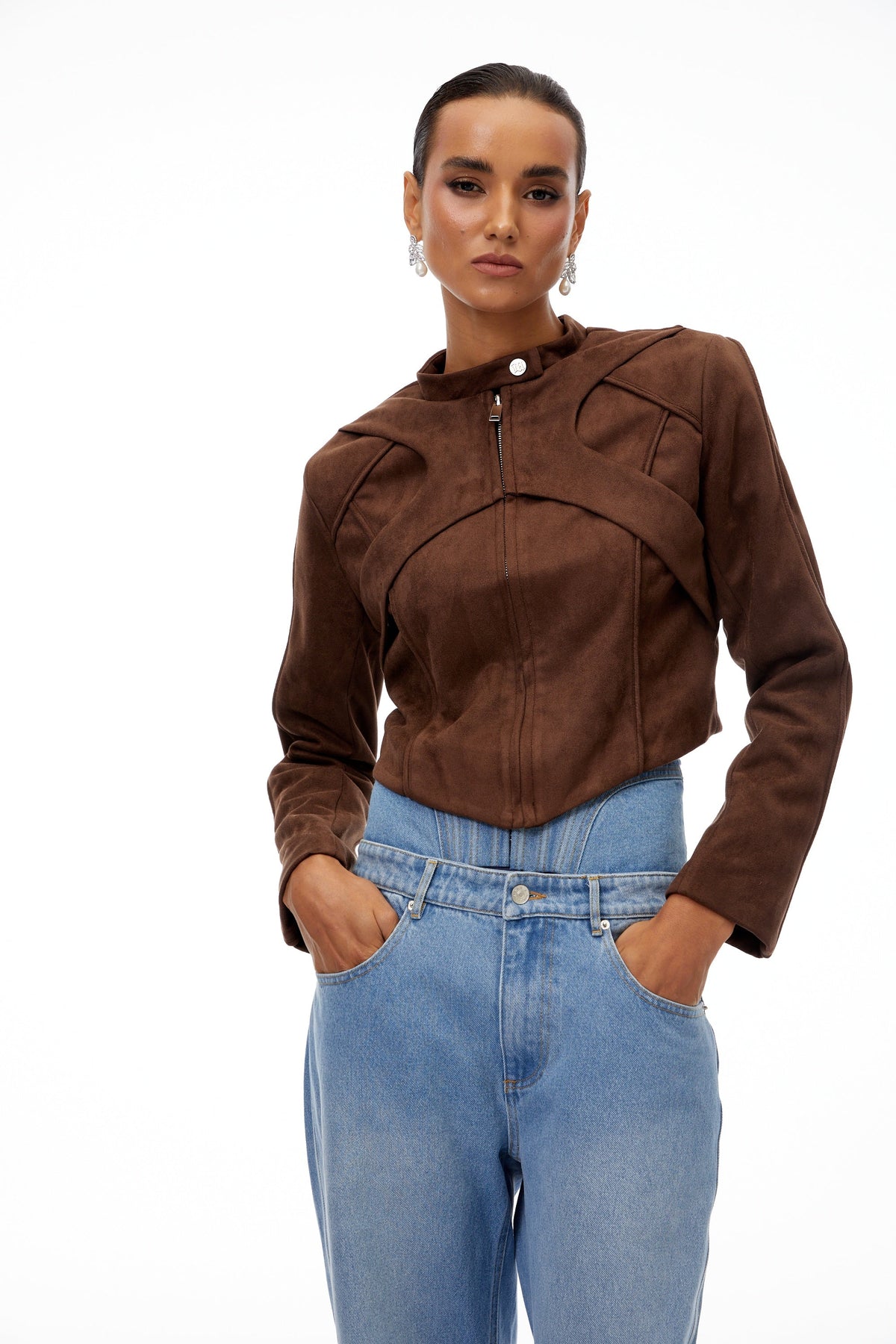 Honorine Brown Suede Crop Biker Jacket