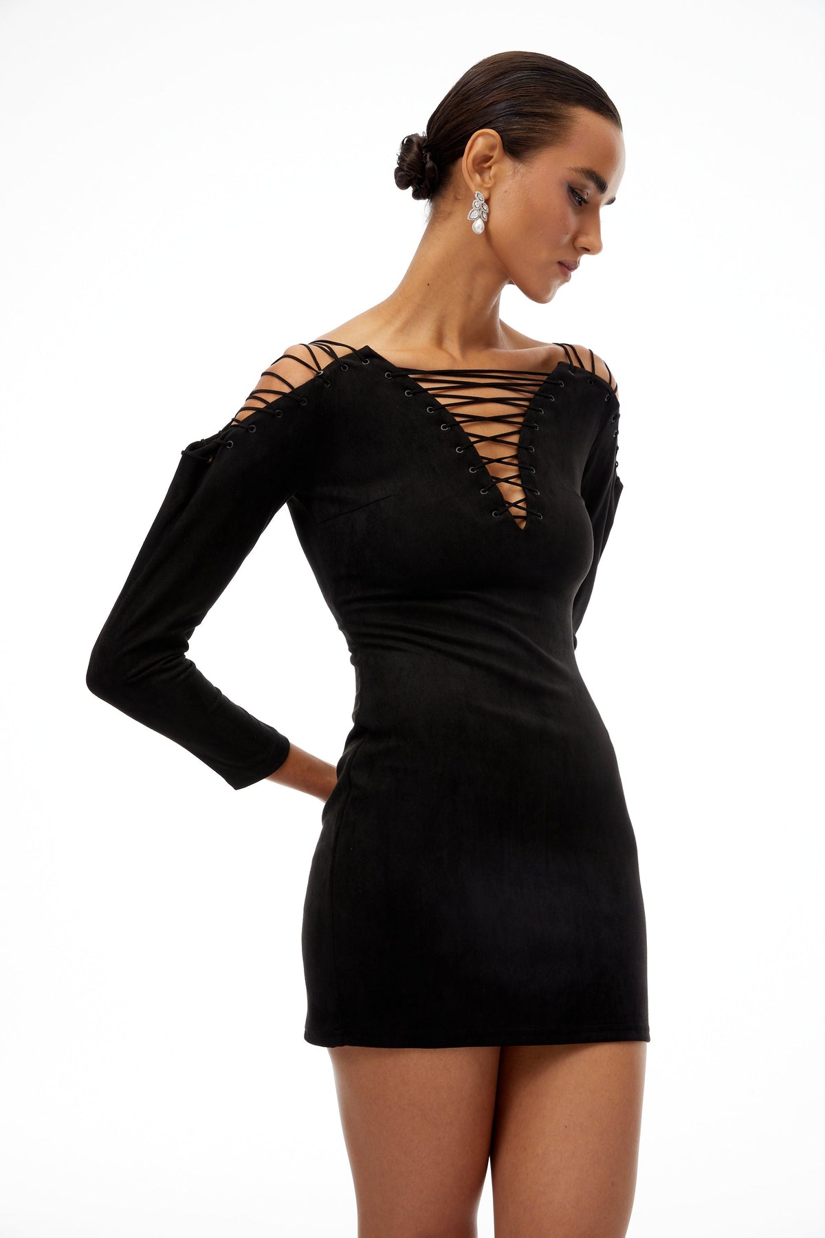 Quitterie Black Lace-Up Suede Mini Dress
