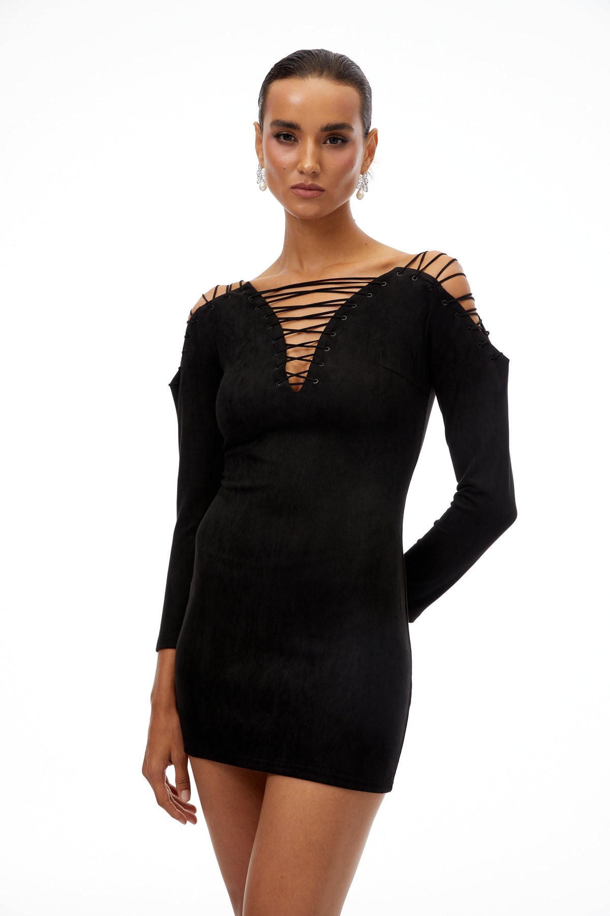 Quitterie Black Lace-Up Suede Mini Dress