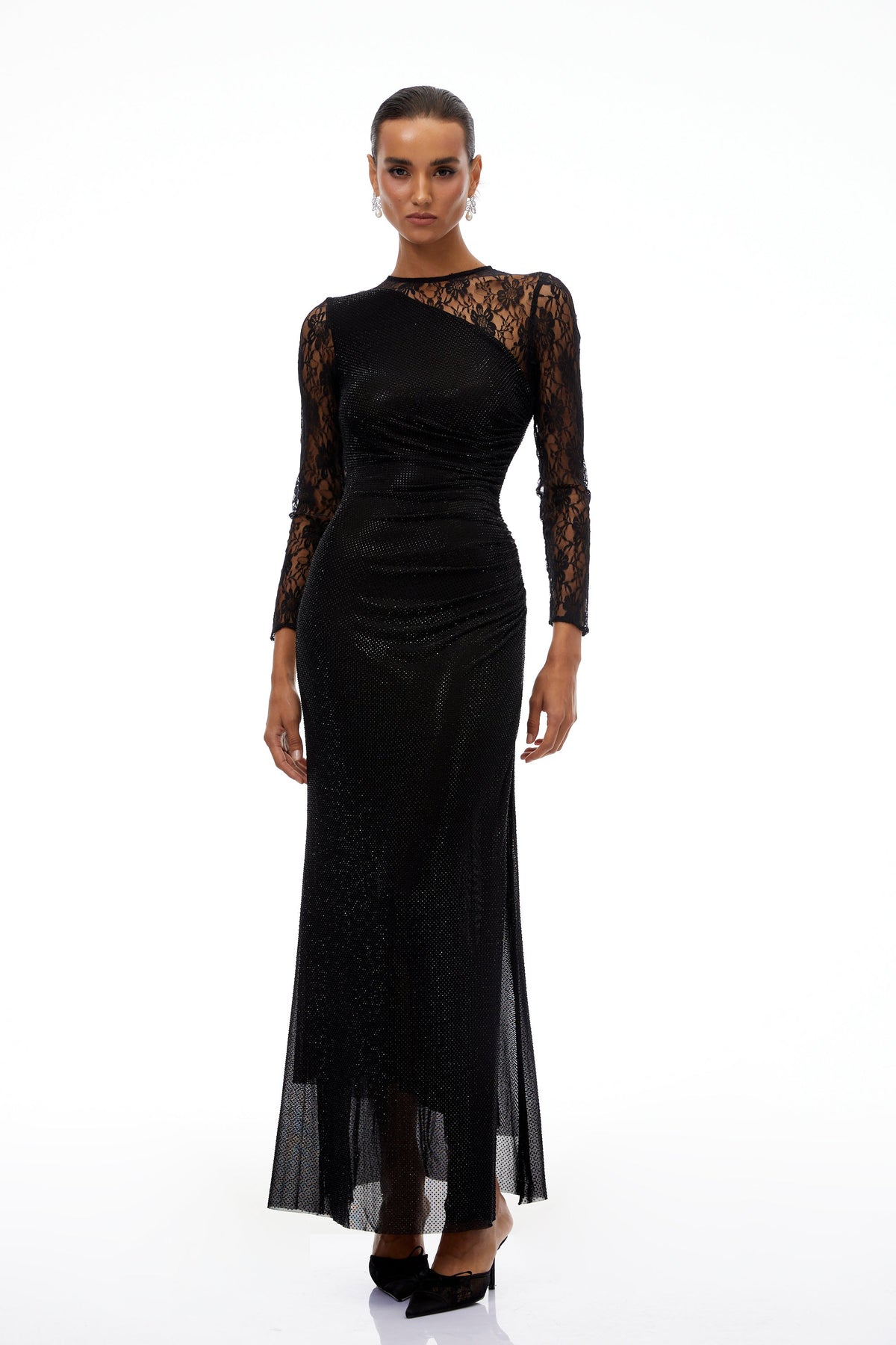 Rocío Black Lace Panel Rhinestone Maxi Dress