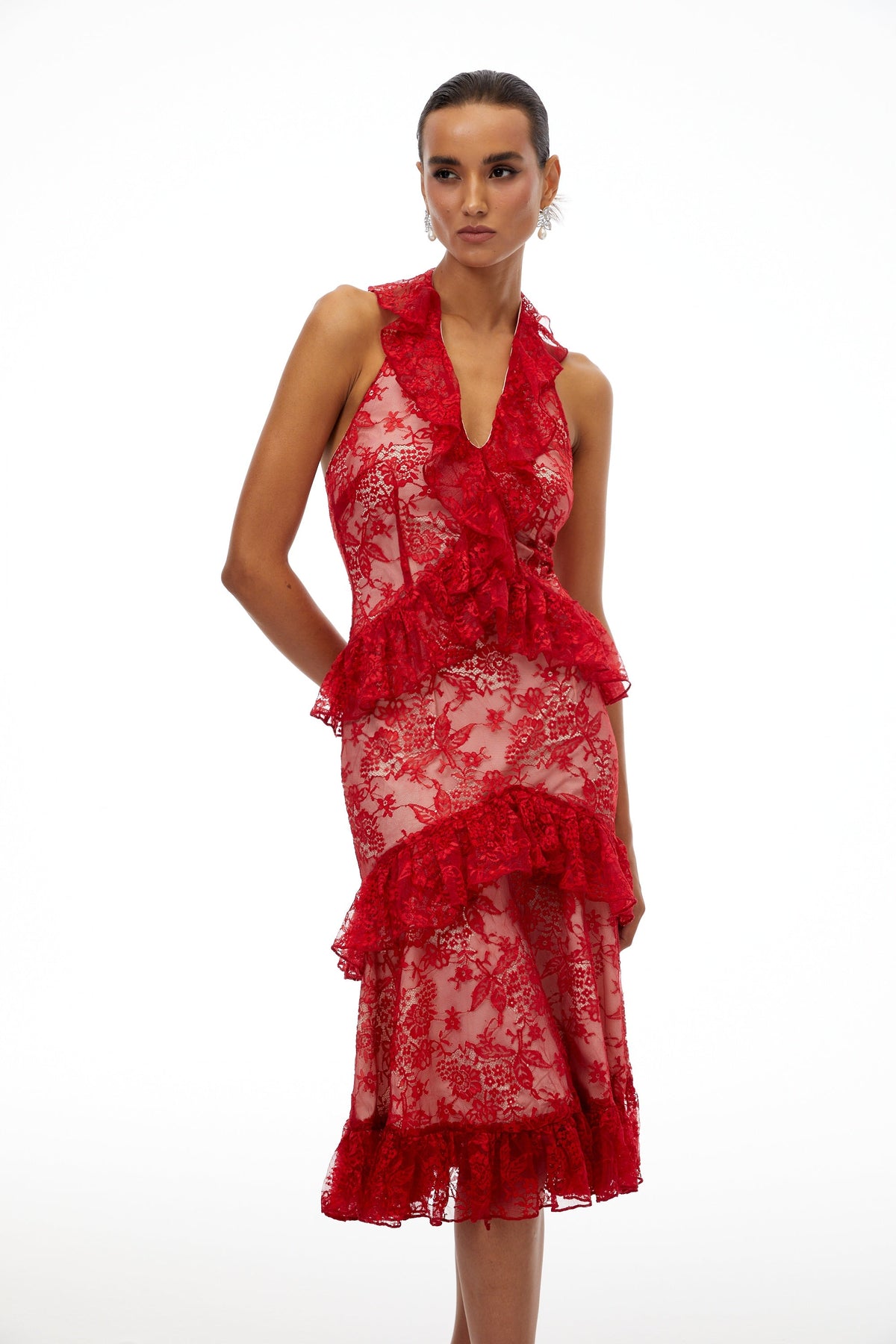 Wilhemine Red Ruffled Floral Lace Midi Dress