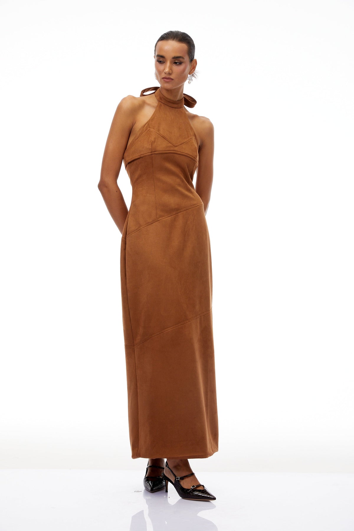 Florence Brown Halterneck Suede Maxi Dress
